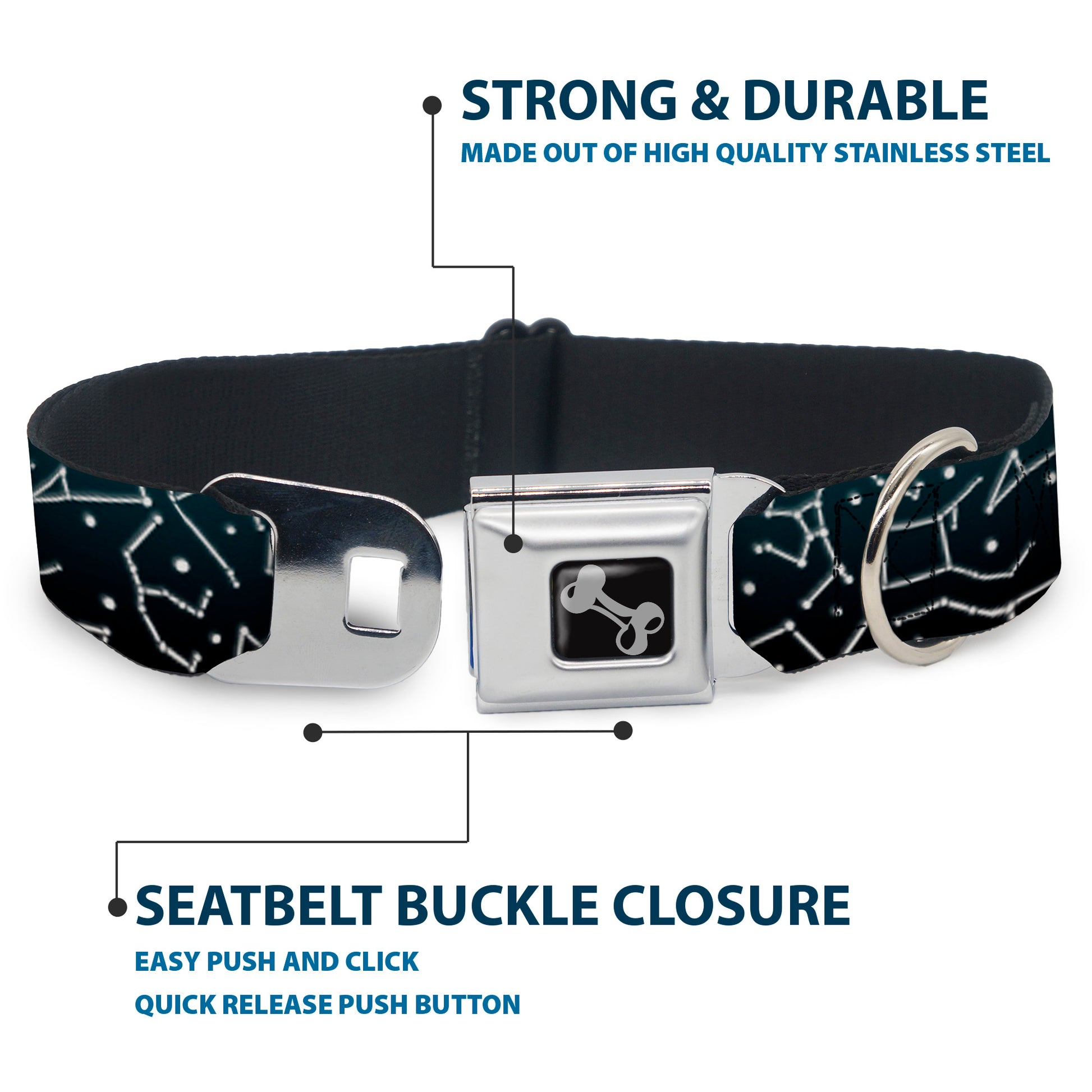 Dog Bone Black/Silver Seatbelt Buckle Collar - Constellations Scattered Midnight Blue/White Seatbelt Buckle Collars Buckle-Down