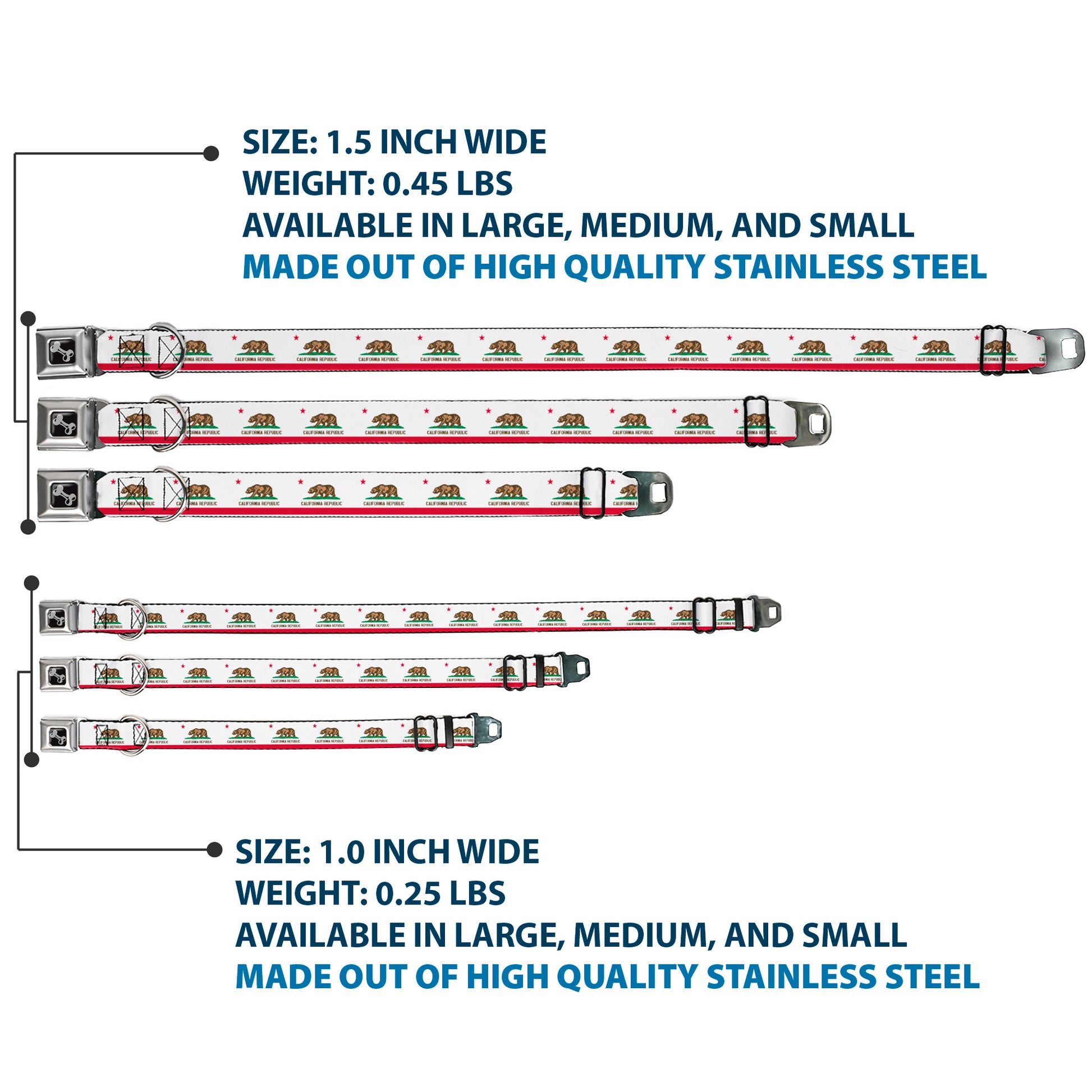 Dog Bone Black/Silver Seatbelt Buckle Collar - California Flag Continuous Seatbelt Buckle Collars Buckle-Down