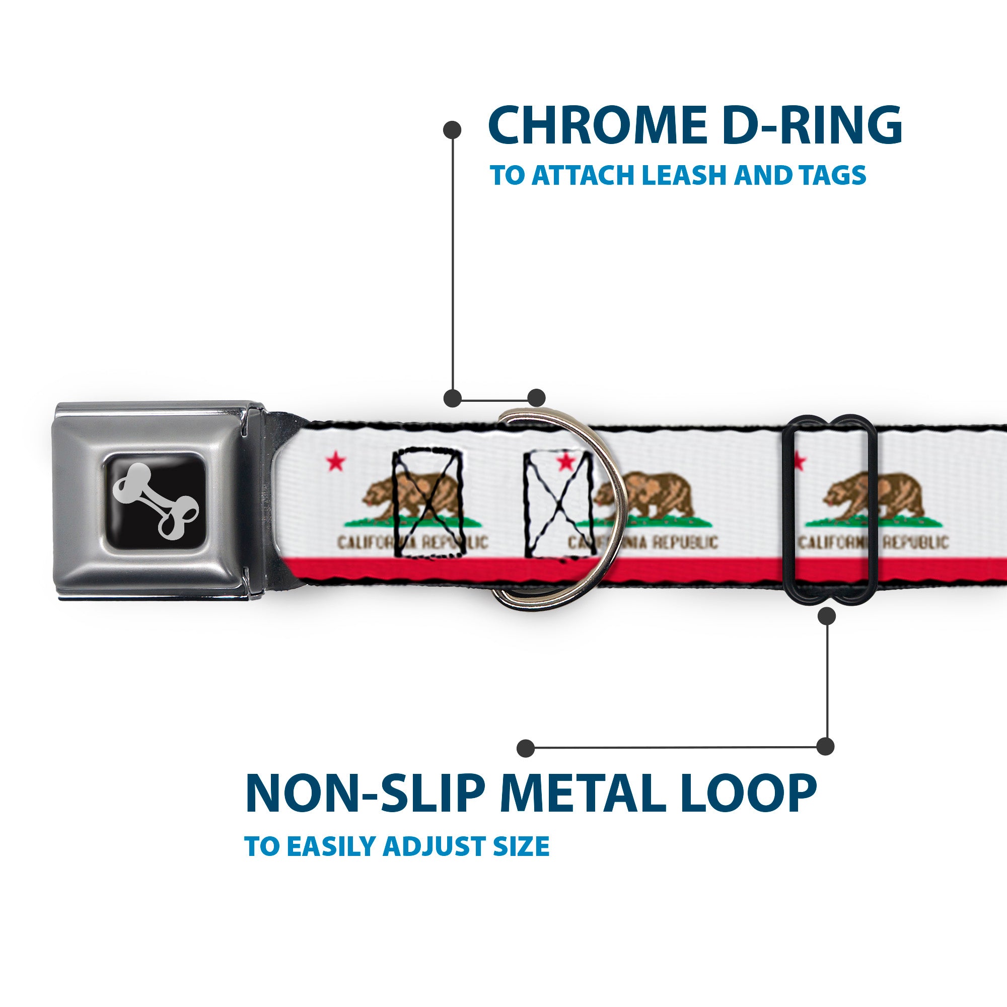 Dog Bone Black/Silver Seatbelt Buckle Collar - California Flag Continuous Seatbelt Buckle Collars Buckle-Down