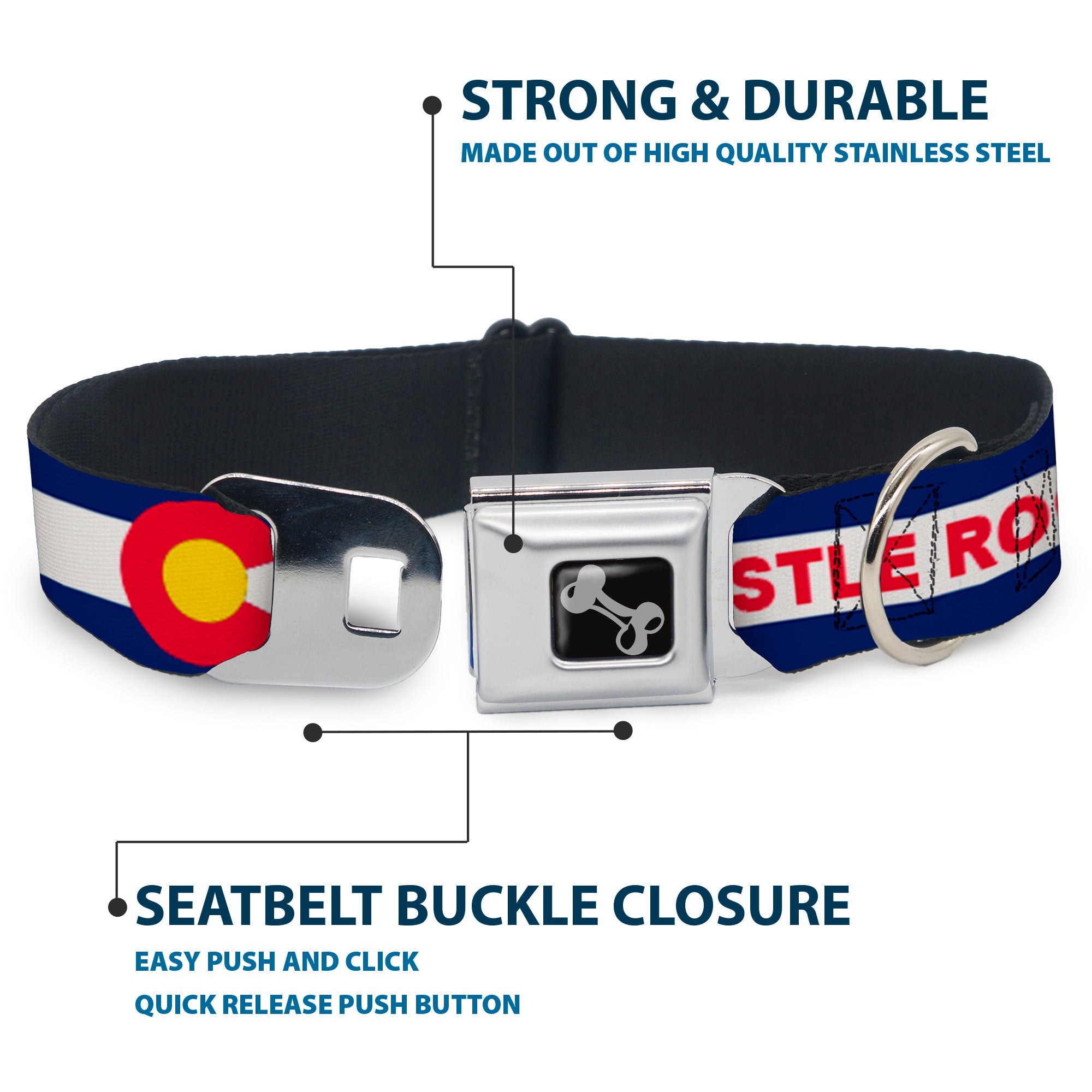 Dog Bone Black/Silver Seatbelt Buckle Collar - Colorado CASTLE ROCK Flag Blue/White/Red/Yellows Seatbelt Buckle Collars Buckle-Down