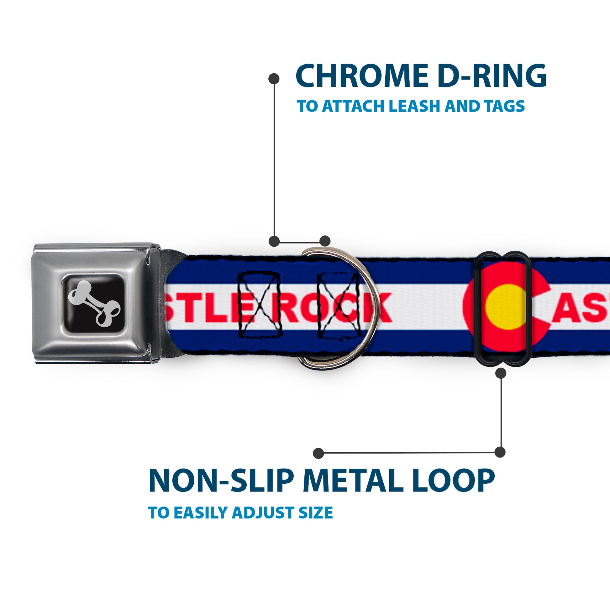 Dog Bone Black/Silver Seatbelt Buckle Collar - Colorado CASTLE ROCK Flag Blue/White/Red/Yellows Seatbelt Buckle Collars Buckle-Down