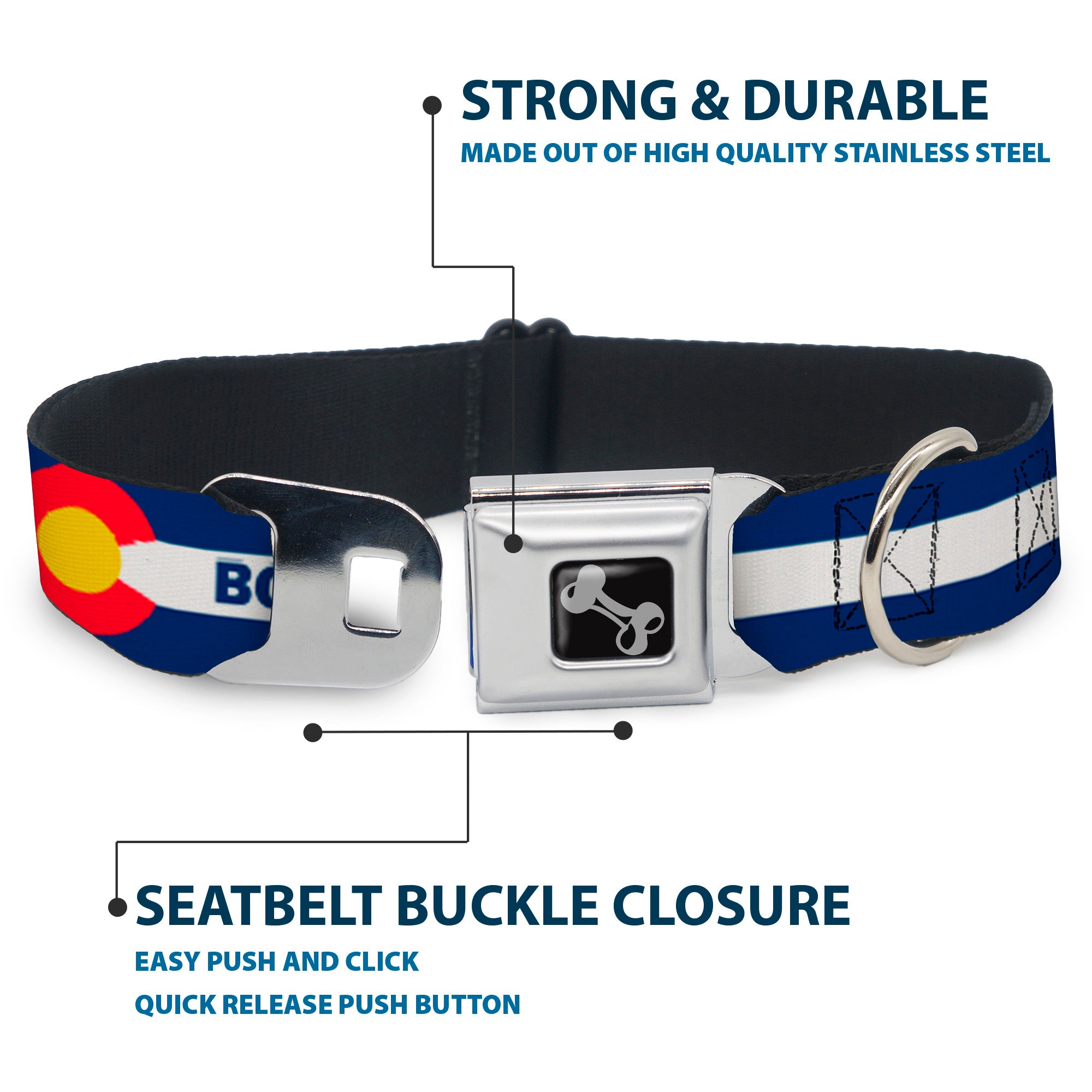 Dog Bone Black/Silver Seatbelt Buckle Collar - Colorado BOULDER Flag Blue/White/Red/Yellow Seatbelt Buckle Collars Buckle-Down