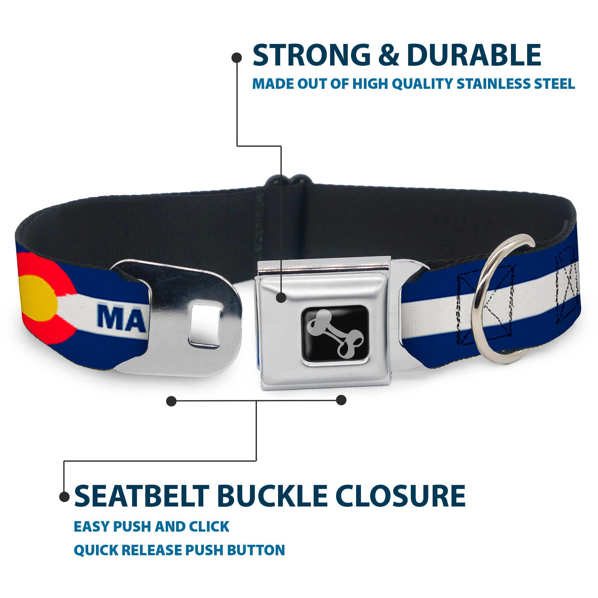 Dog Bone Black/Silver Seatbelt Buckle Collar - Colorado MANITOU SPRINGS Flag Blue/White/Red/Yellow Seatbelt Buckle Collars Buckle-Down