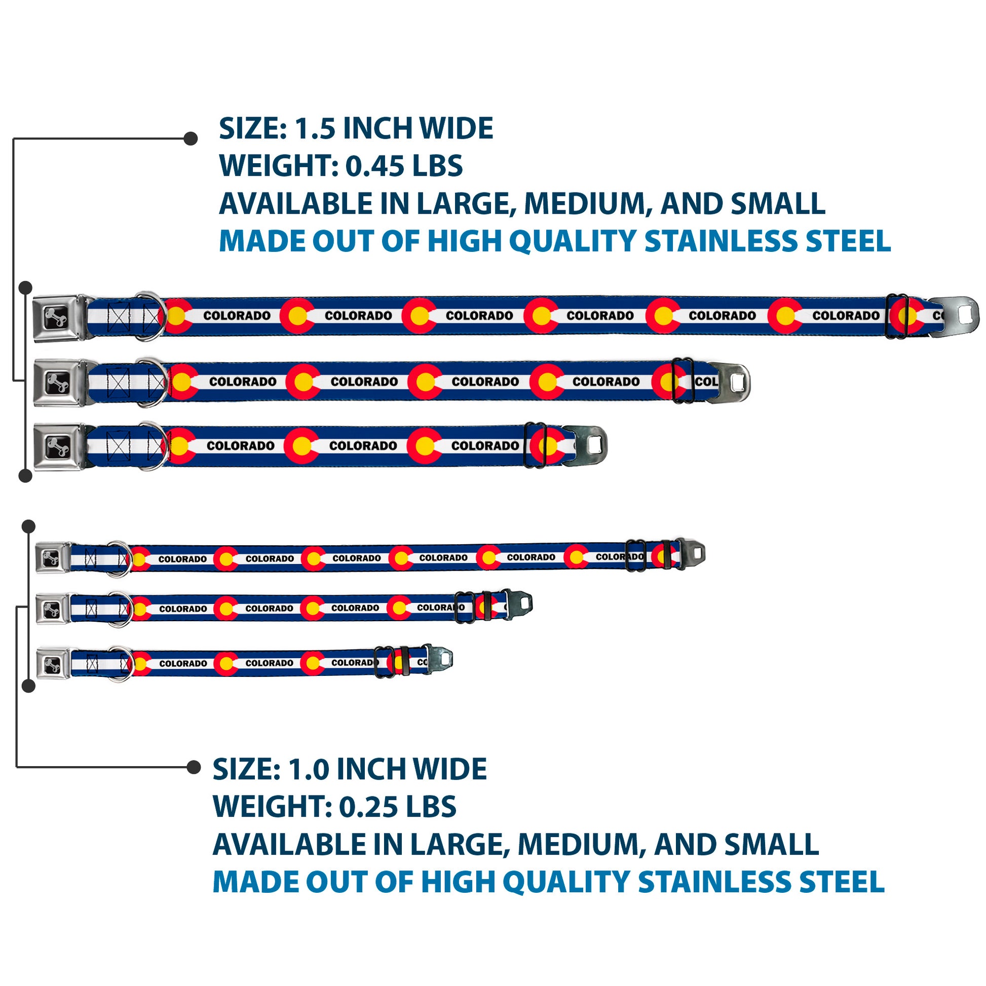 Dog Bone Black/Silver Seatbelt Buckle Collar - COLORADO Text Flag Blue/White/Red/Yellow Seatbelt Buckle Collars Buckle-Down