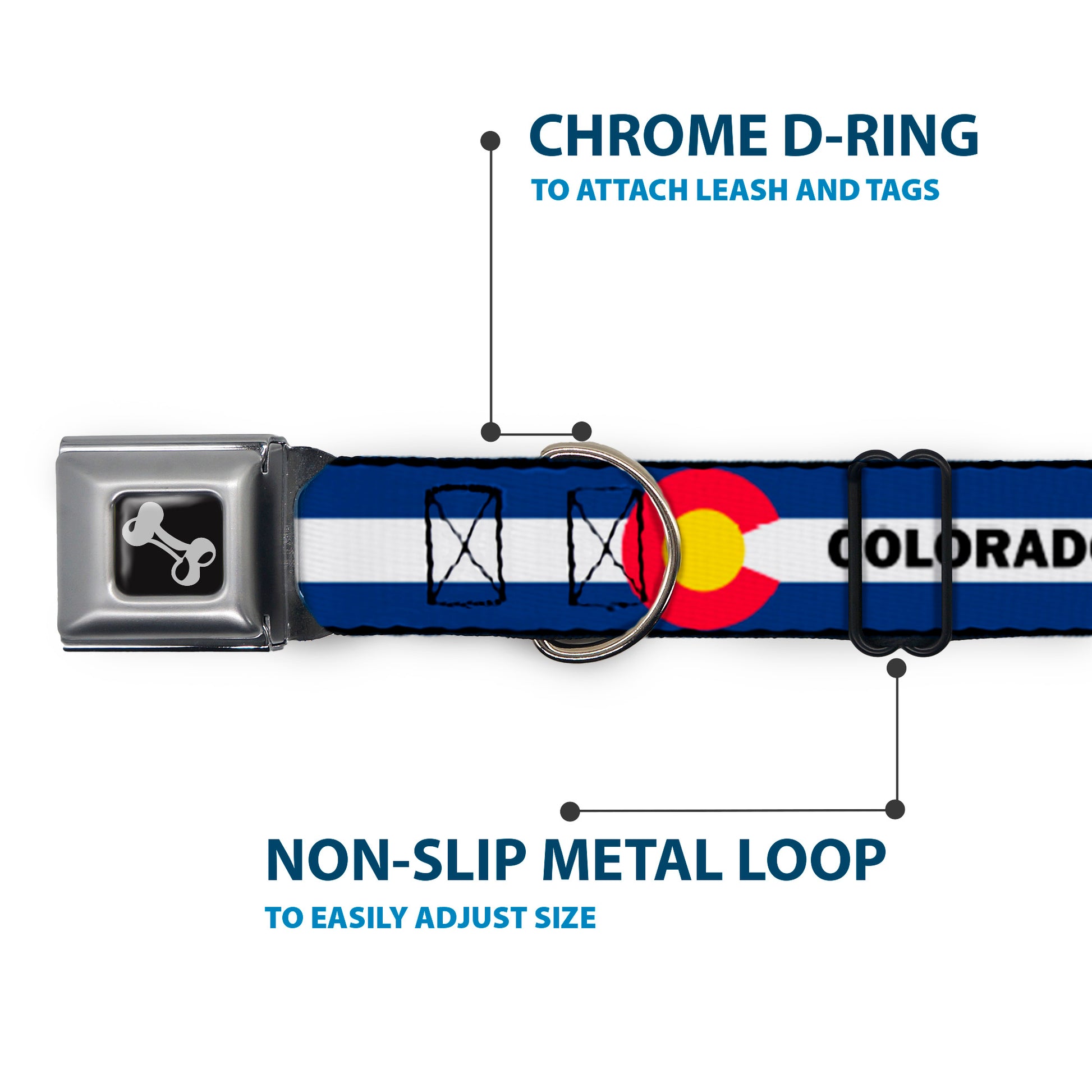 Dog Bone Black/Silver Seatbelt Buckle Collar - COLORADO Text Flag Blue/White/Red/Yellow Seatbelt Buckle Collars Buckle-Down
