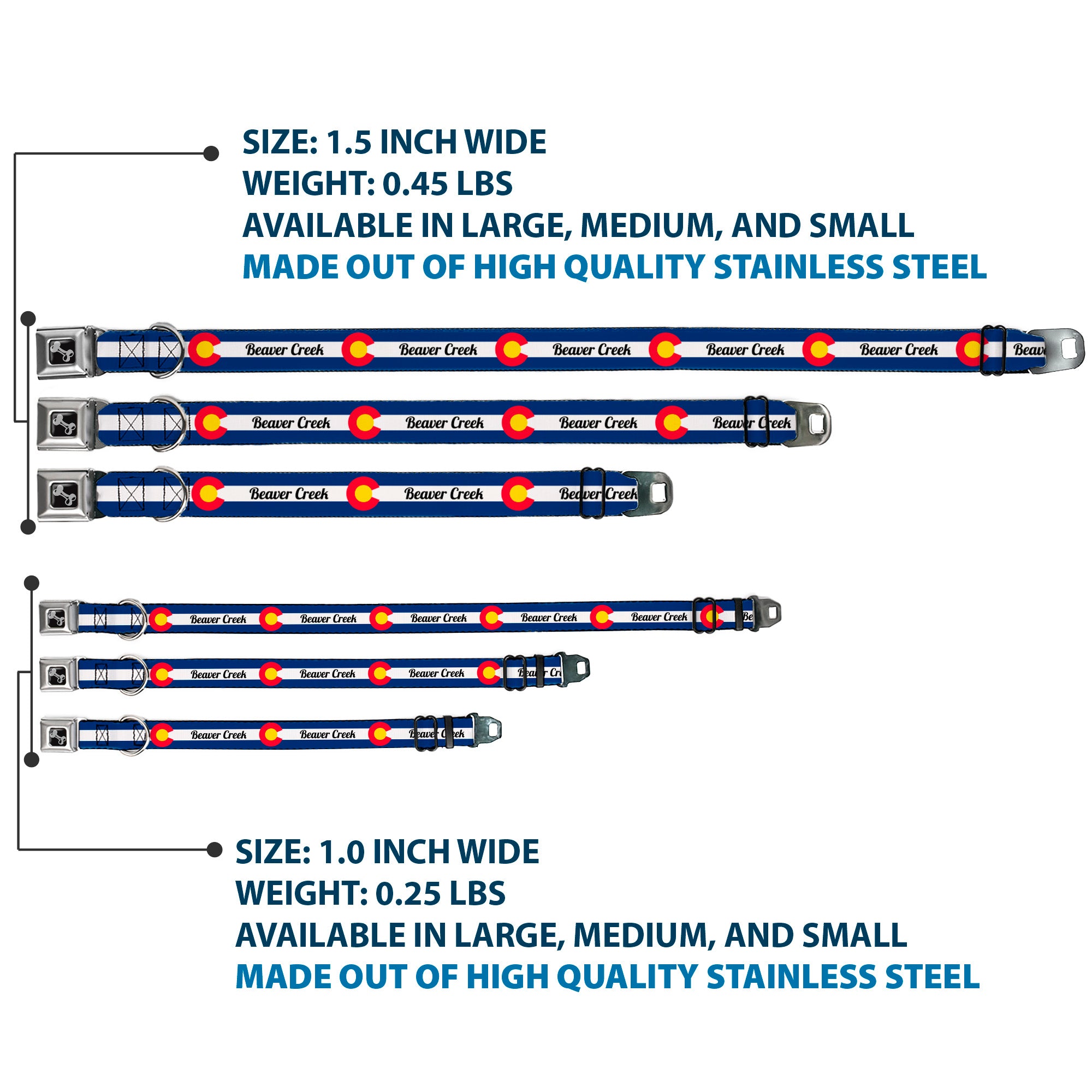 Dog Bone Black/Silver Seatbelt Buckle Collar - Colorado BEAVER CREEK Flag Blue/White/Red/Yellow Seatbelt Buckle Collars Buckle-Down