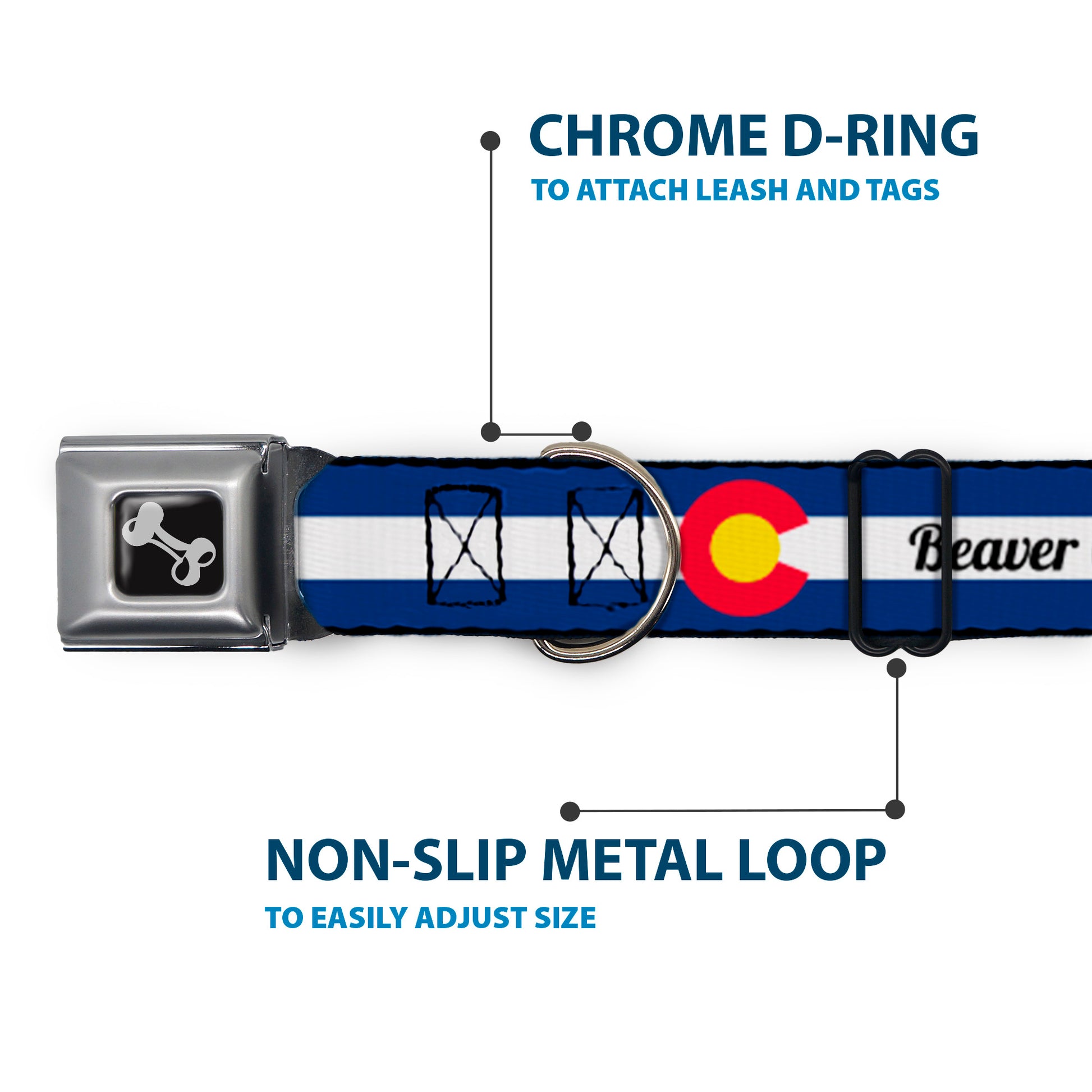 Dog Bone Black/Silver Seatbelt Buckle Collar - Colorado BEAVER CREEK Flag Blue/White/Red/Yellow Seatbelt Buckle Collars Buckle-Down