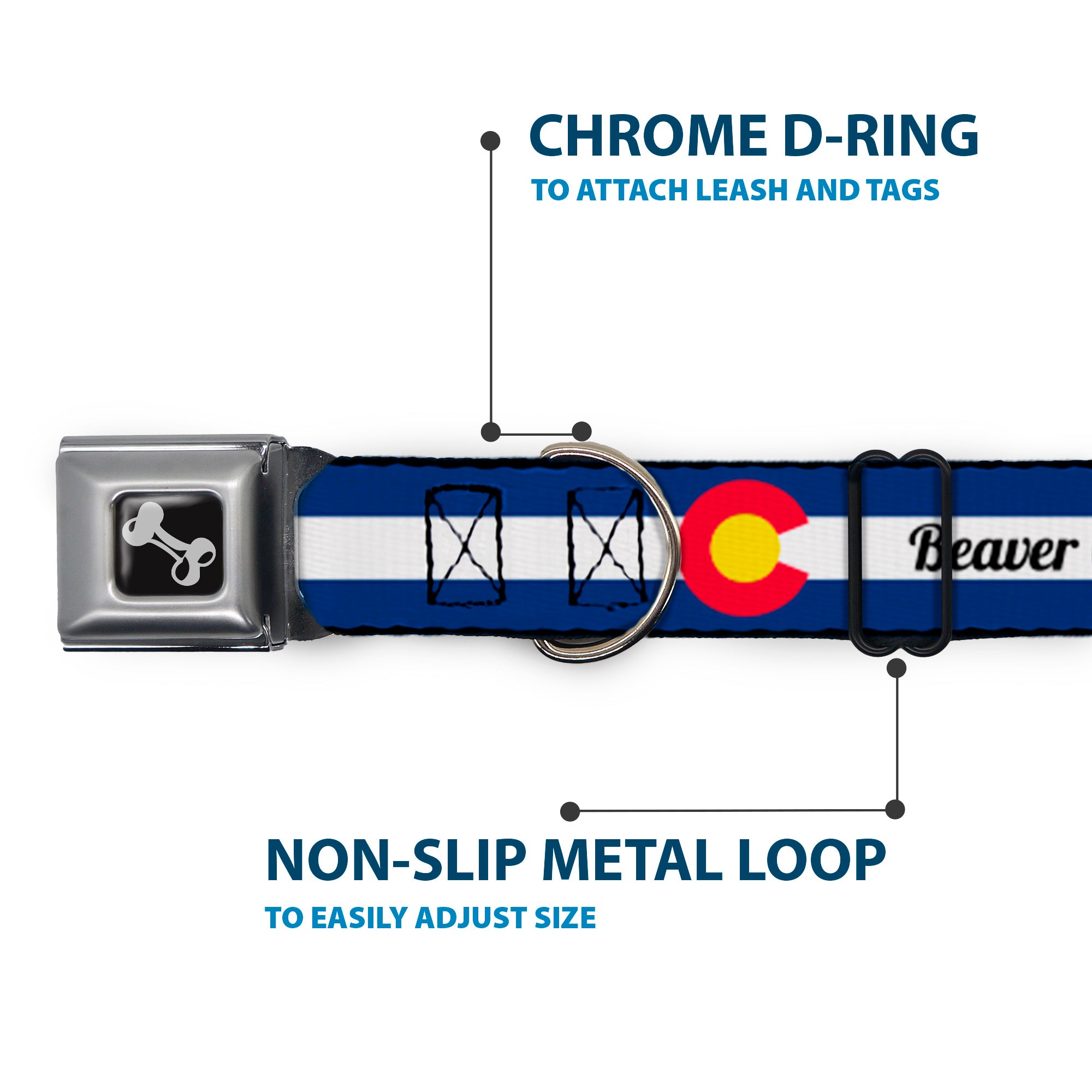 Dog Bone Black/Silver Seatbelt Buckle Collar - Colorado BEAVER CREEK Flag Blue/White/Red/Yellow Seatbelt Buckle Collars Buckle-Down