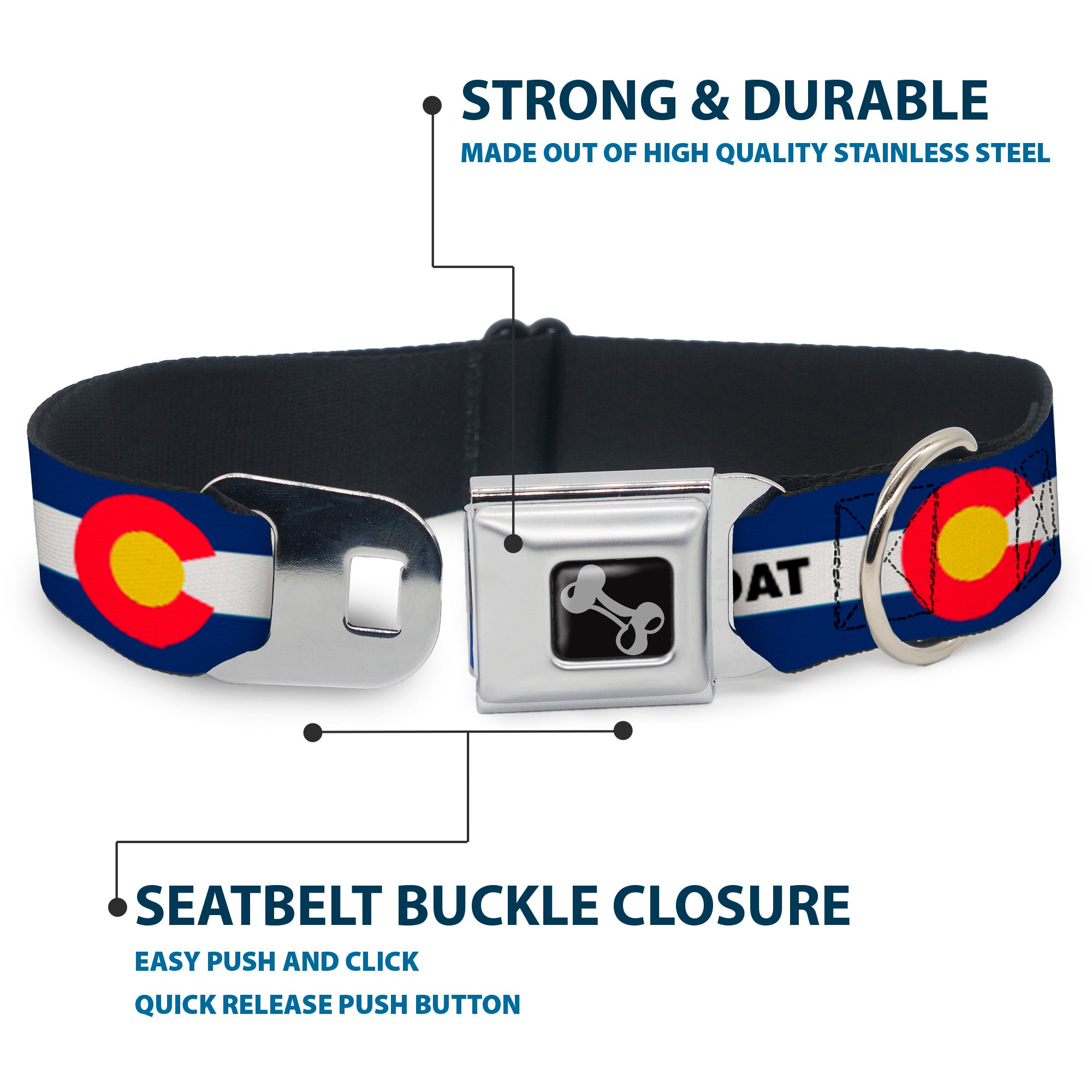 Dog Bone Black/Silver Seatbelt Buckle Collar - Colorado STEAMBOAT Flag Blue/White/Red/Yellow Seatbelt Buckle Collars Buckle-Down