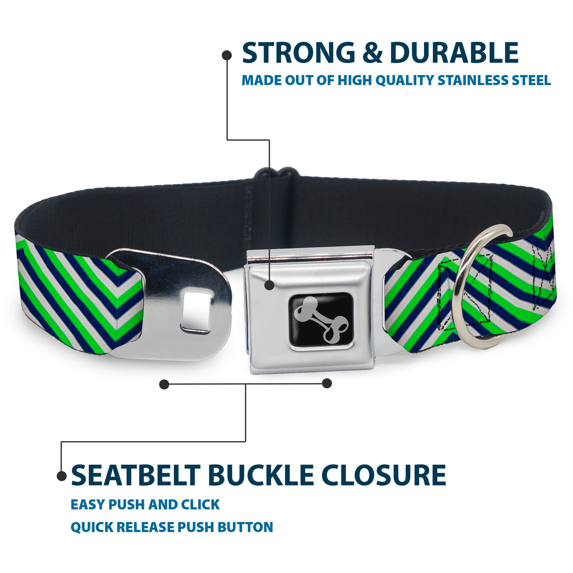 Dog Bone Black/Silver Seatbelt Buckle Collar - Chevron Stripe White/Neon Green/Navy Seatbelt Buckle Collars Buckle-Down