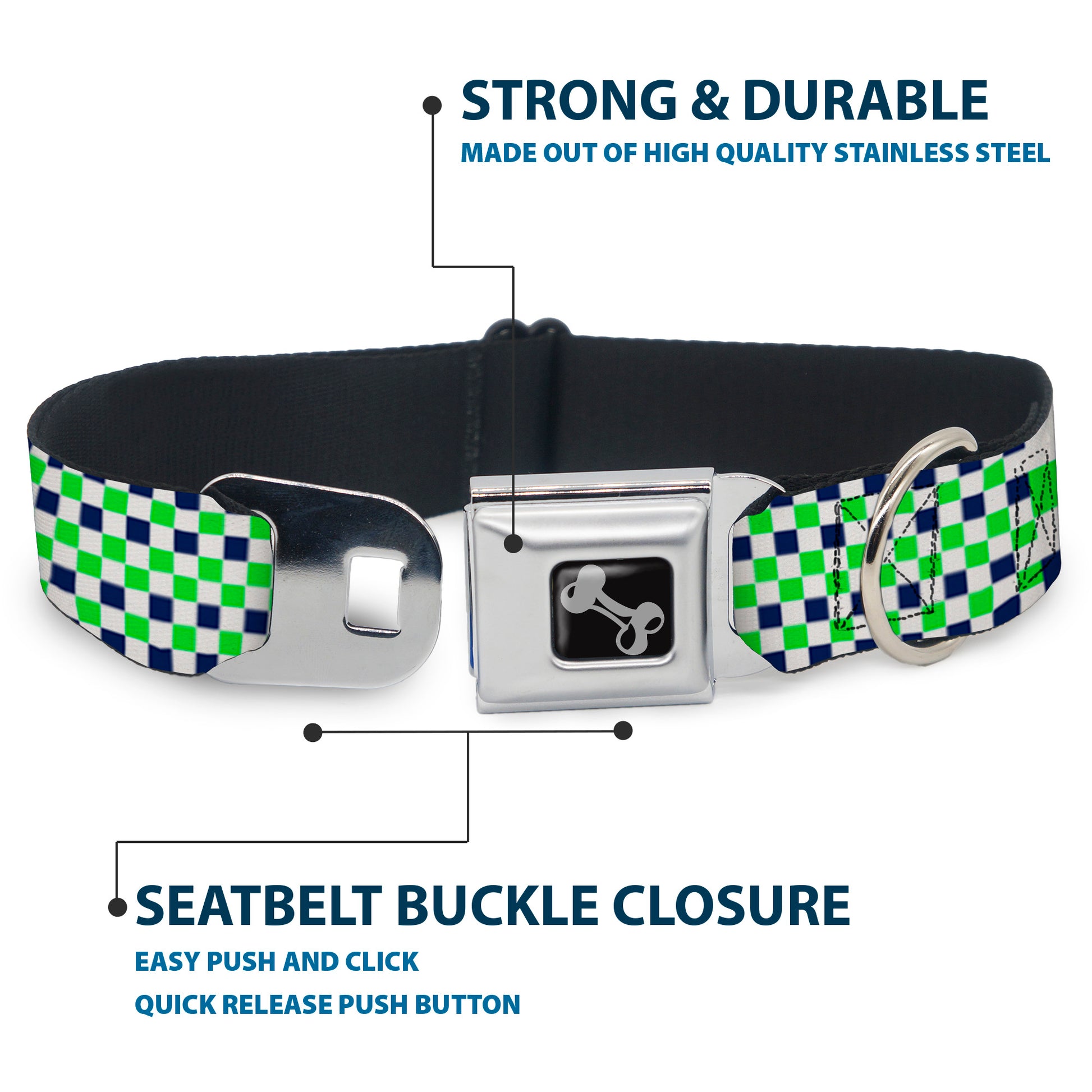 Dog Bone Black/Silver Seatbelt Buckle Collar - Checker Blocks White/Navy/Neon Green Seatbelt Buckle Collars Buckle-Down