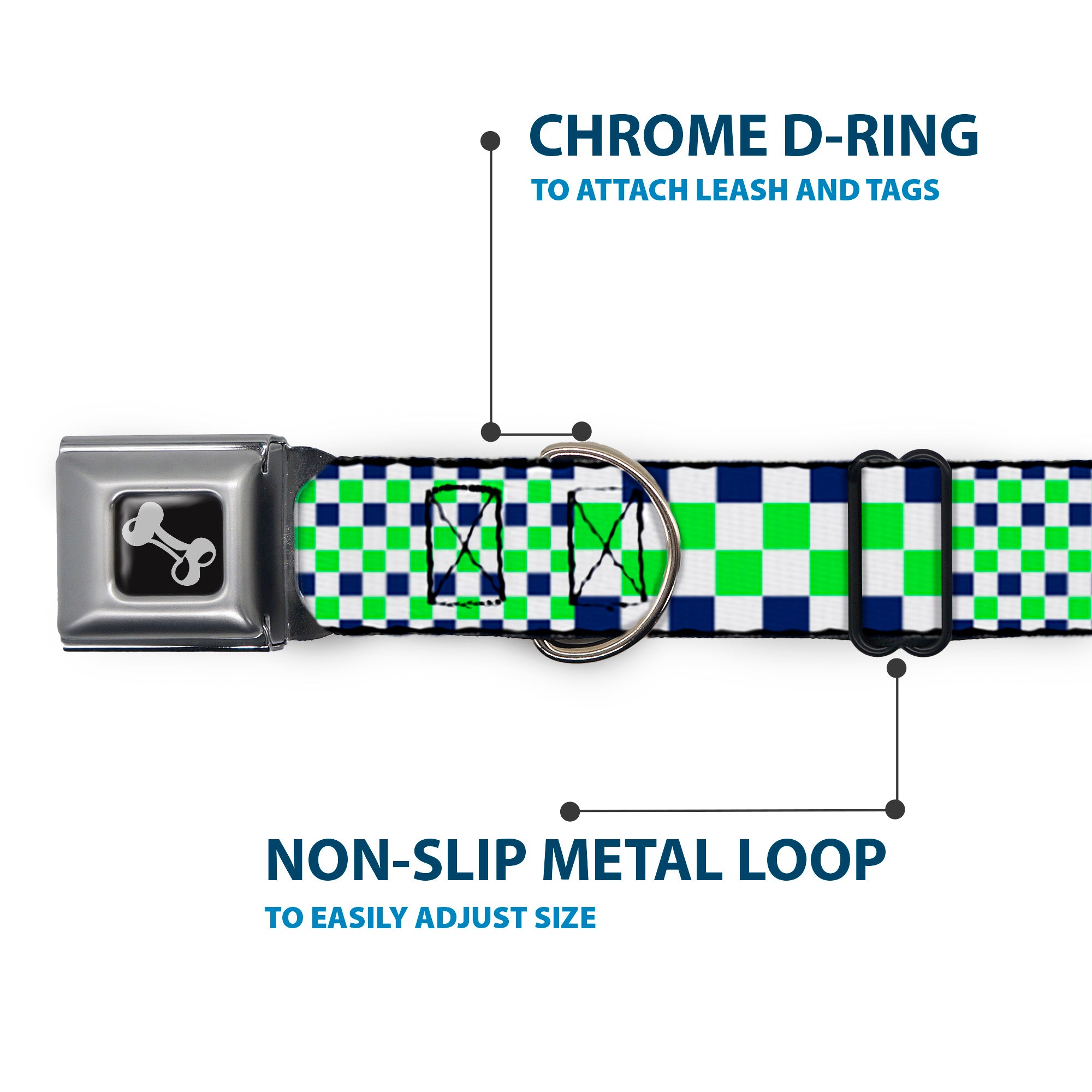Dog Bone Black/Silver Seatbelt Buckle Collar - Checker Blocks White/Navy/Neon Green Seatbelt Buckle Collars Buckle-Down