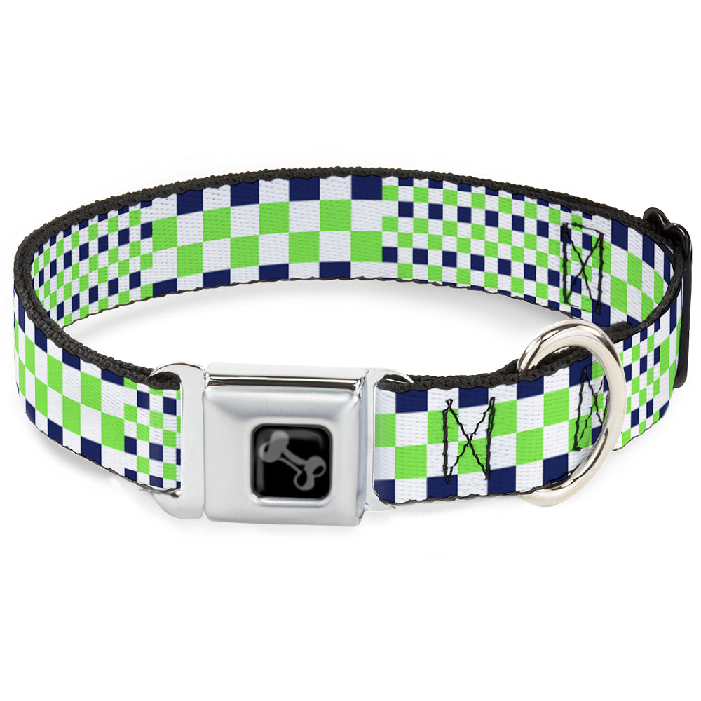 Dog Bone Black/Silver Seatbelt Buckle Collar - Checker Blocks White/Navy/Neon Green Seatbelt Buckle Collars Buckle-Down