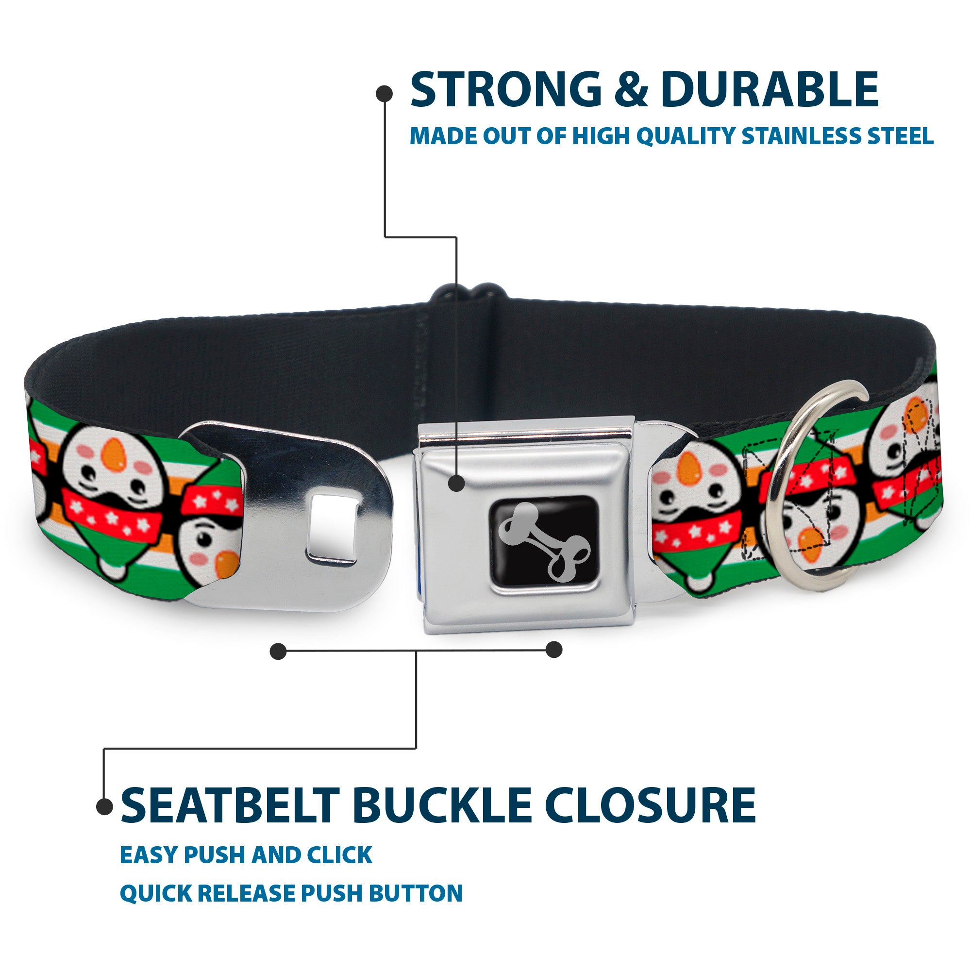 Dog Bone Black/Silver Seatbelt Buckle Collar - Christmas Penguin Flip/Stripe Green/White/Orange/Black Seatbelt Buckle Collars Buckle-Down