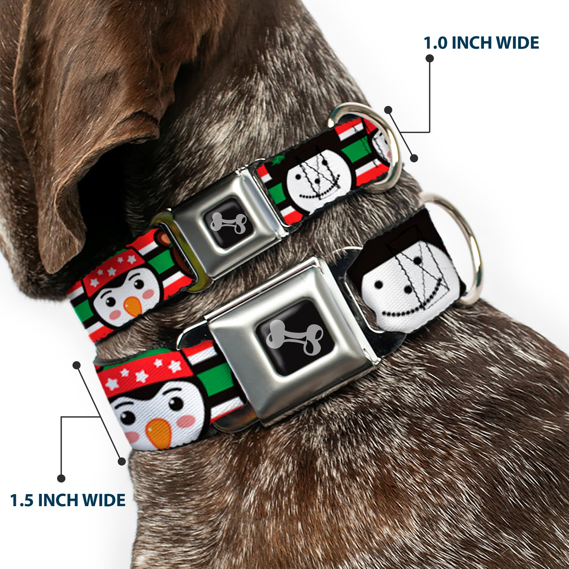 Dog Bone Black/Silver Seatbelt Buckle Collar - Christmas Penguin/Reindeer/Snowman Stripe Red/White/Black/Green Seatbelt Buckle Collars Buckle-Down