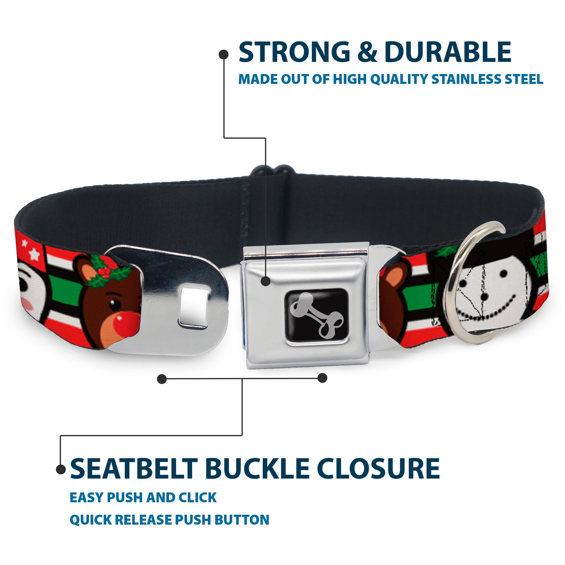 Dog Bone Black/Silver Seatbelt Buckle Collar - Christmas Penguin/Reindeer/Snowman Stripe Red/White/Black/Green Seatbelt Buckle Collars Buckle-Down