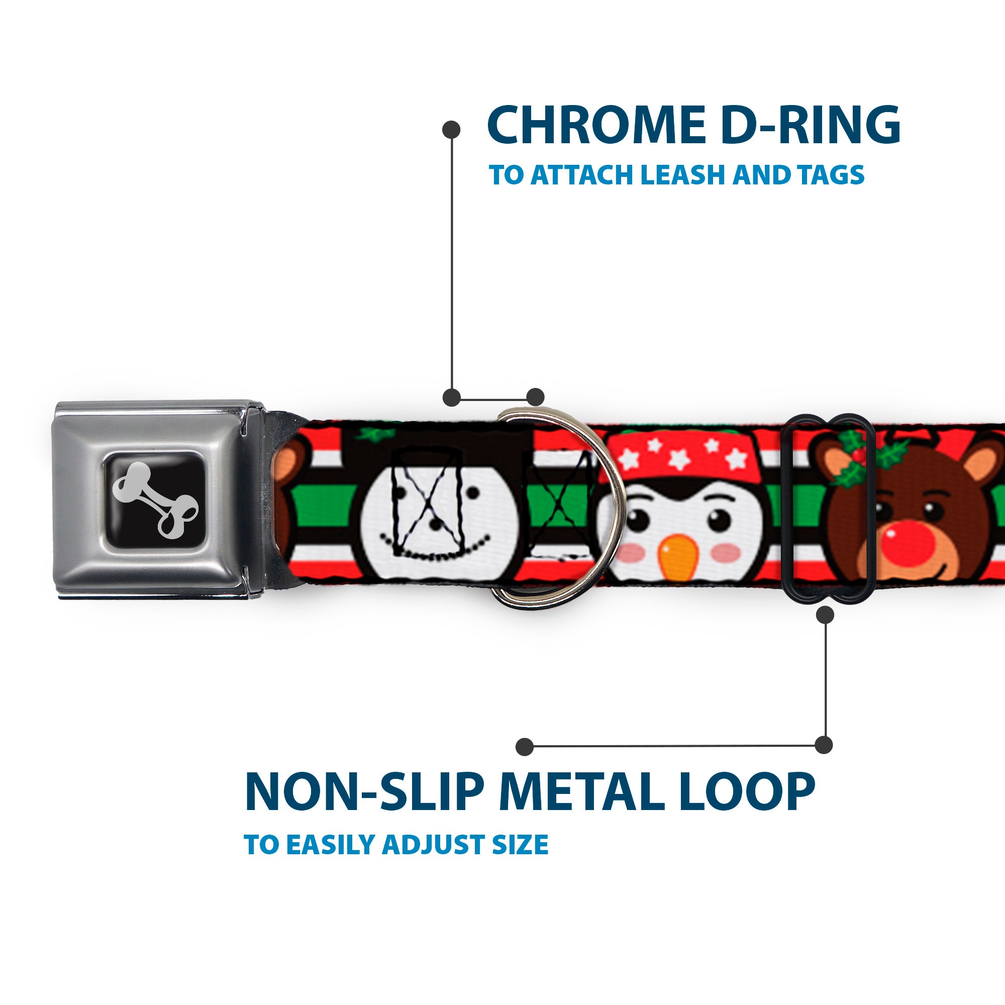 Dog Bone Black/Silver Seatbelt Buckle Collar - Christmas Penguin/Reindeer/Snowman Stripe Red/White/Black/Green Seatbelt Buckle Collars Buckle-Down