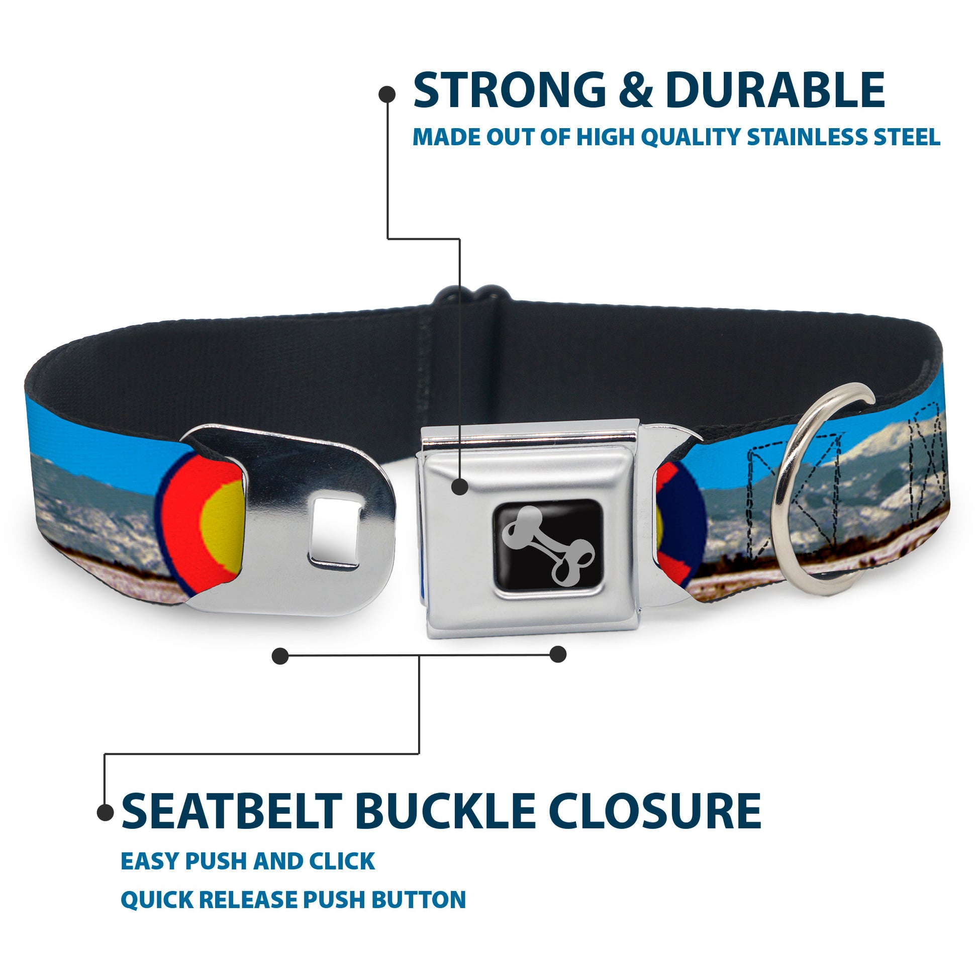 Seatbelt Buckle Collar - Colorado Mount Evans Vivid Landscape/Colorado Flag Icon Seatbelt Buckle Collars Buckle-Down
