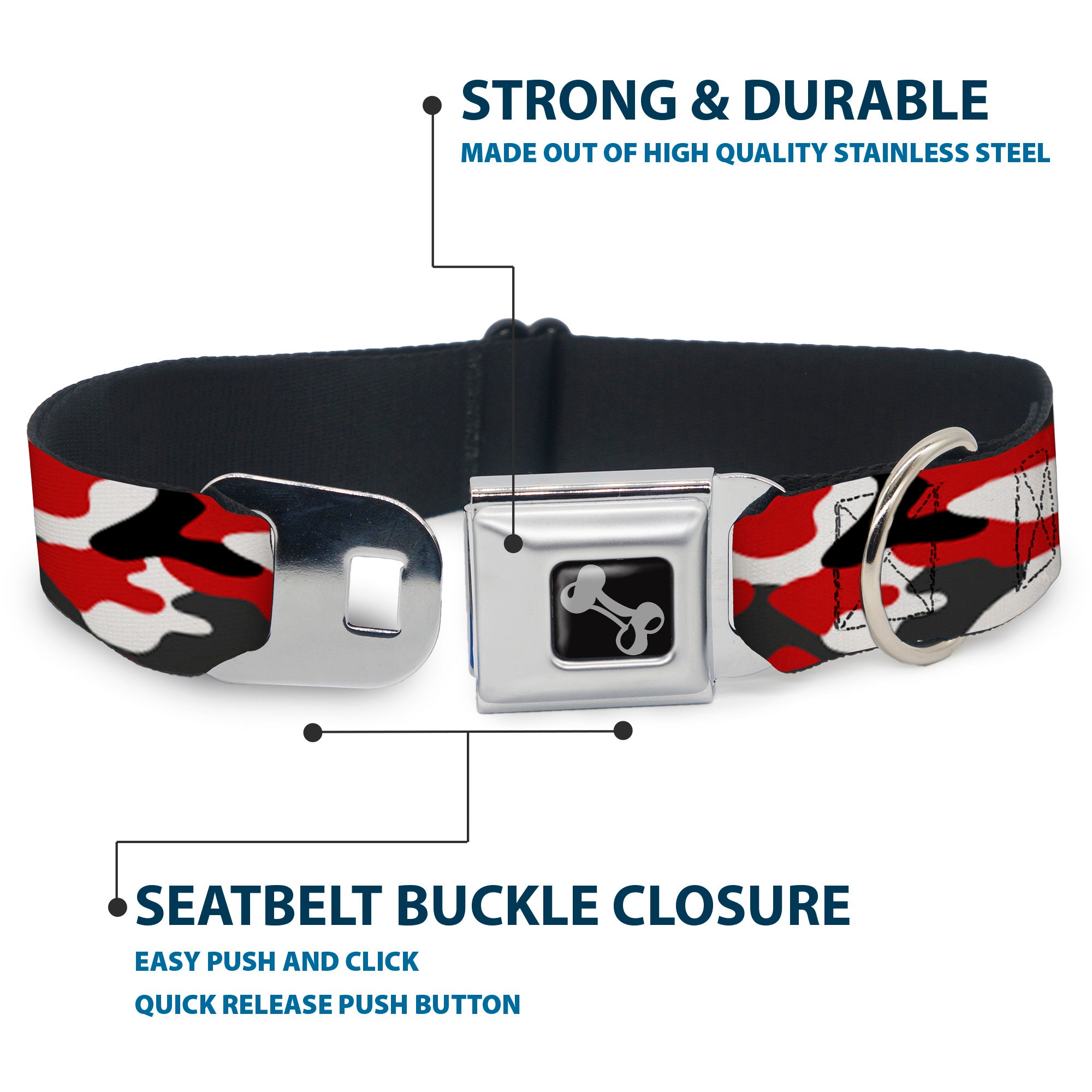 Dog Bone Black/Silver Seatbelt Buckle Collar - Camo Red/Black/Gray/White Seatbelt Buckle Collars Buckle-Down