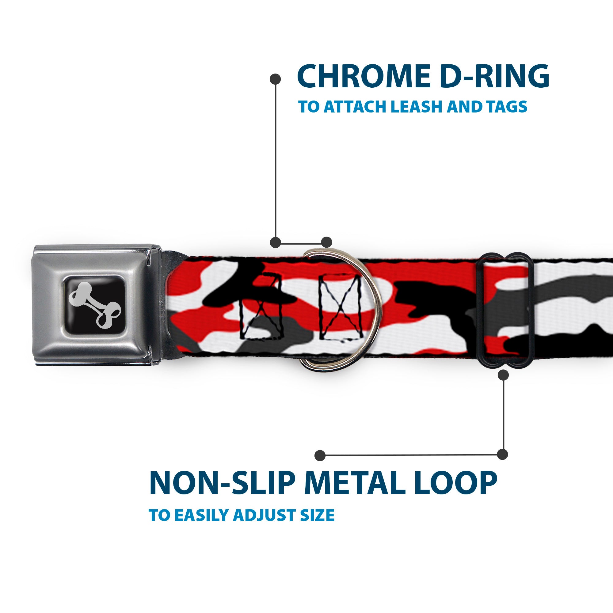 Dog Bone Black/Silver Seatbelt Buckle Collar - Camo Red/Black/Gray/White Seatbelt Buckle Collars Buckle-Down