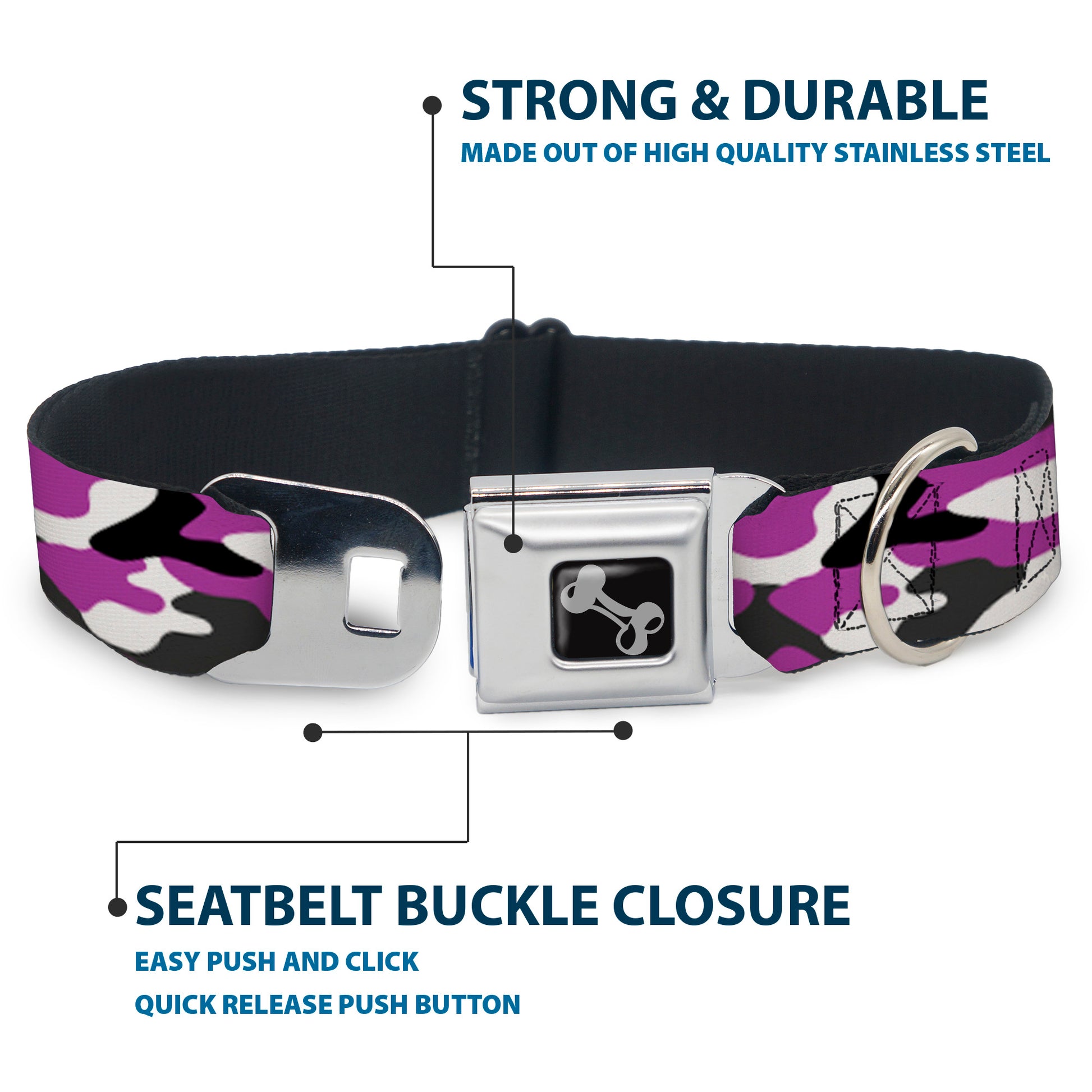 Dog Bone Black/Silver Seatbelt Buckle Collar - Camo Purple/Black/Gray/White Seatbelt Buckle Collars Buckle-Down