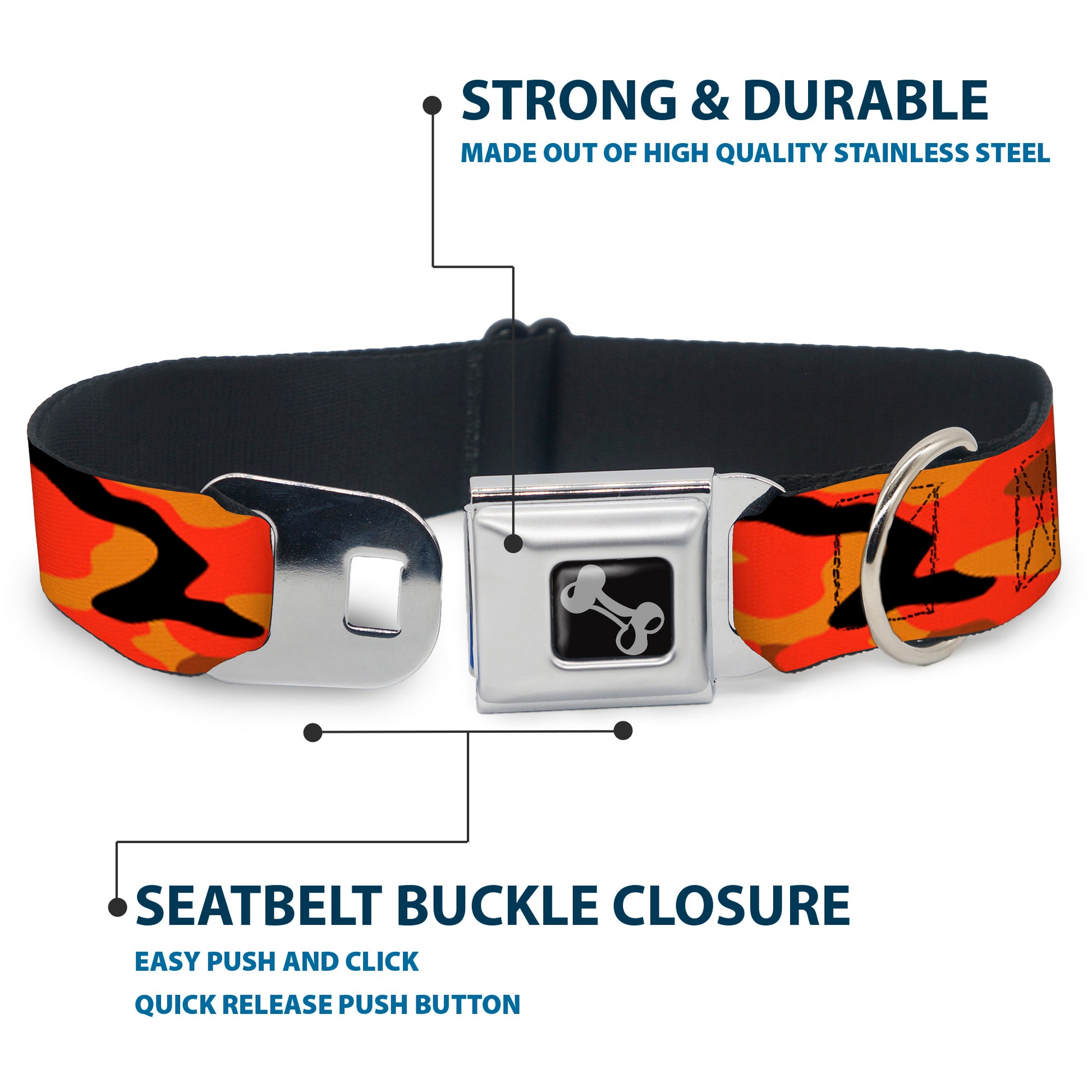 Dog Bone Black/Silver Seatbelt Buckle Collar - Camo Oranges/Black Seatbelt Buckle Collars Buckle-Down