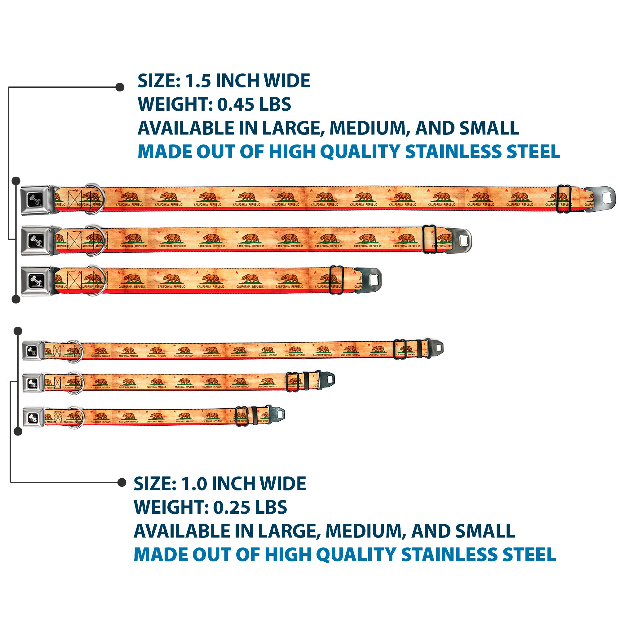 Dog Bone Black/Silver Seatbelt Buckle Collar - California Flag Continuous Vintage Seatbelt Buckle Collars Buckle-Down