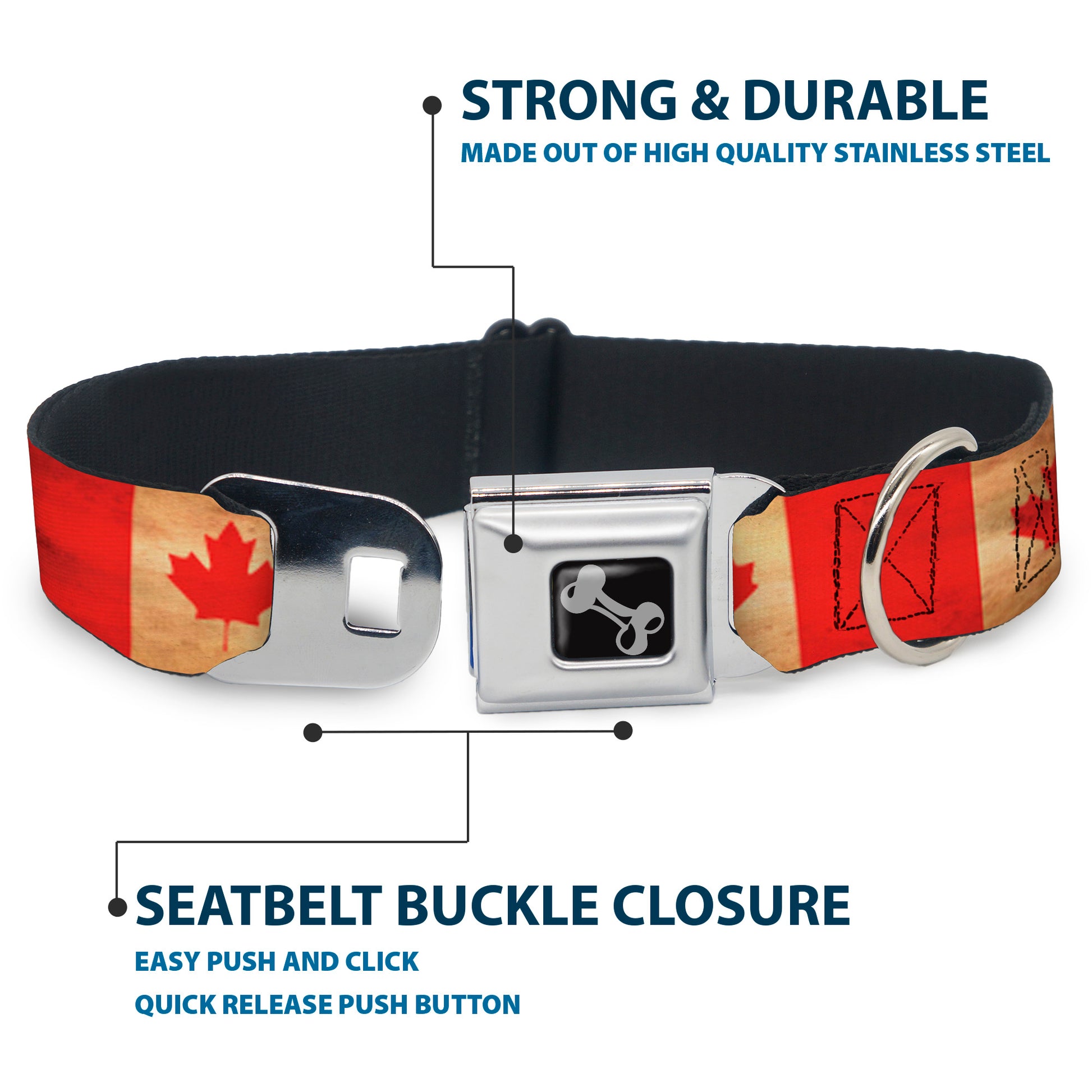 Dog Bone Black/Silver Seatbelt Buckle Collar - Canada Flag Continuous Vintage Seatbelt Buckle Collars Buckle-Down