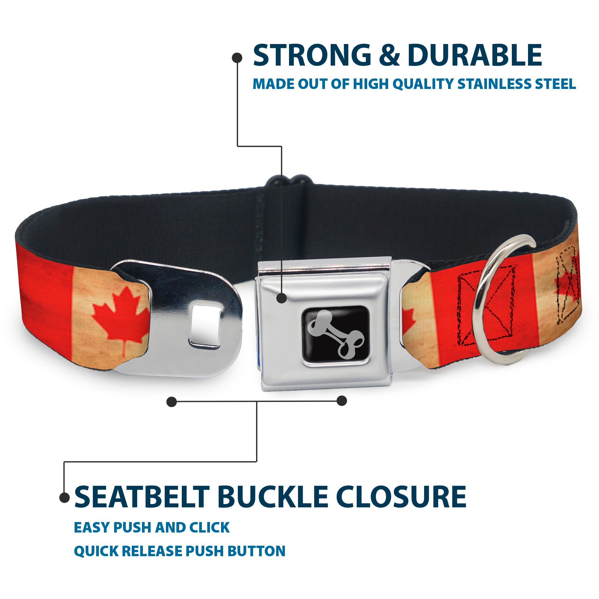 Dog Bone Black/Silver Seatbelt Buckle Collar - Canada Flag Continuous Vintage Seatbelt Buckle Collars Buckle-Down
