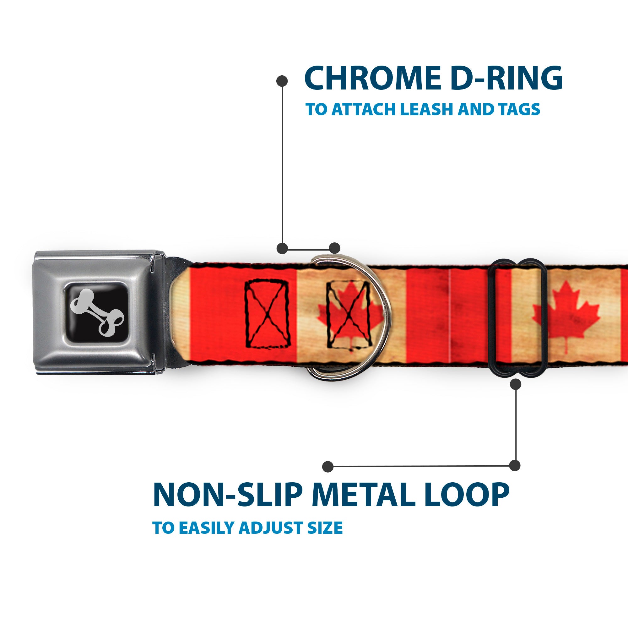 Dog Bone Black/Silver Seatbelt Buckle Collar - Canada Flag Continuous Vintage Seatbelt Buckle Collars Buckle-Down