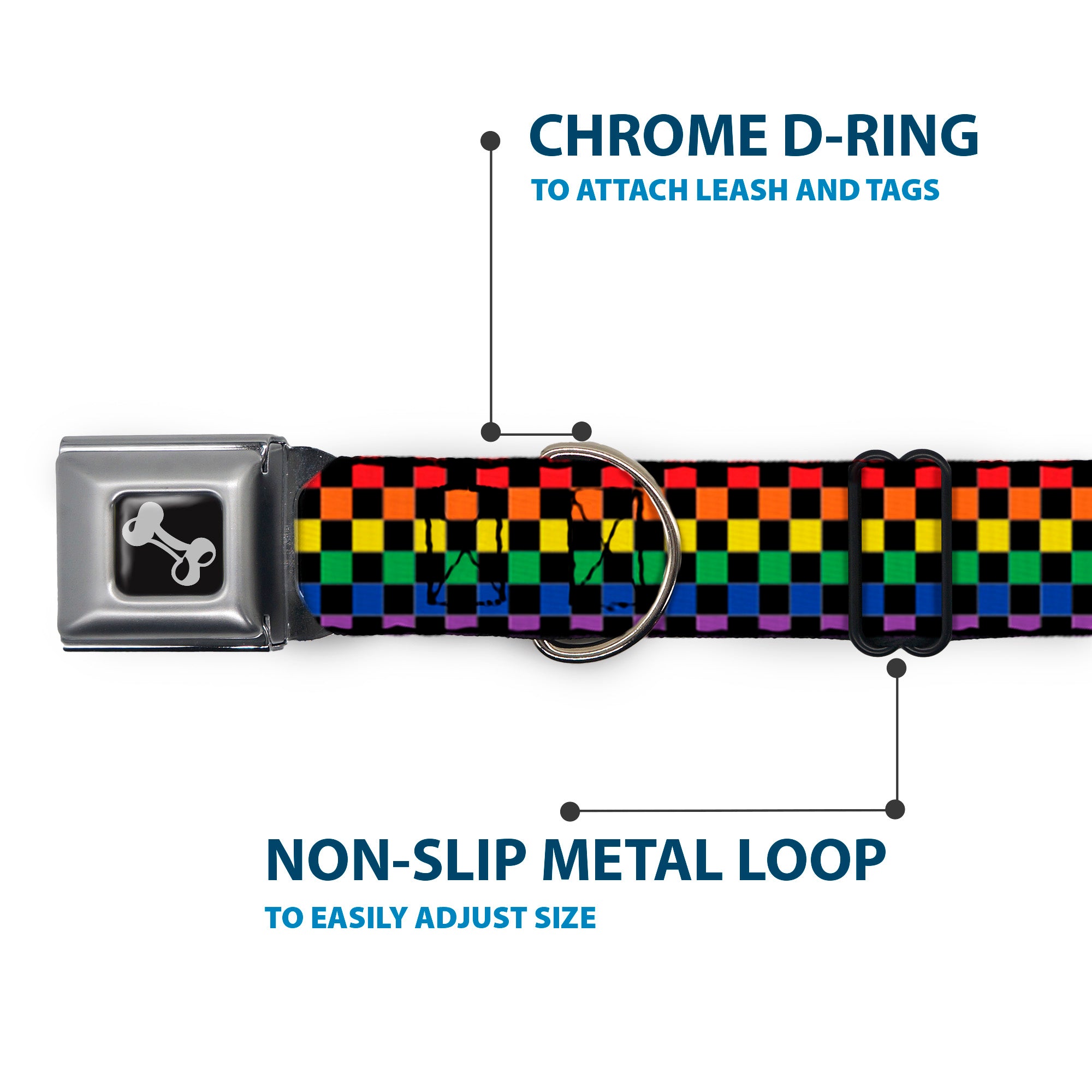 Dog Bone Black/Silver Seatbelt Buckle Collar - Checker Black/Rainbow Multi Color Seatbelt Buckle Collars Buckle-Down