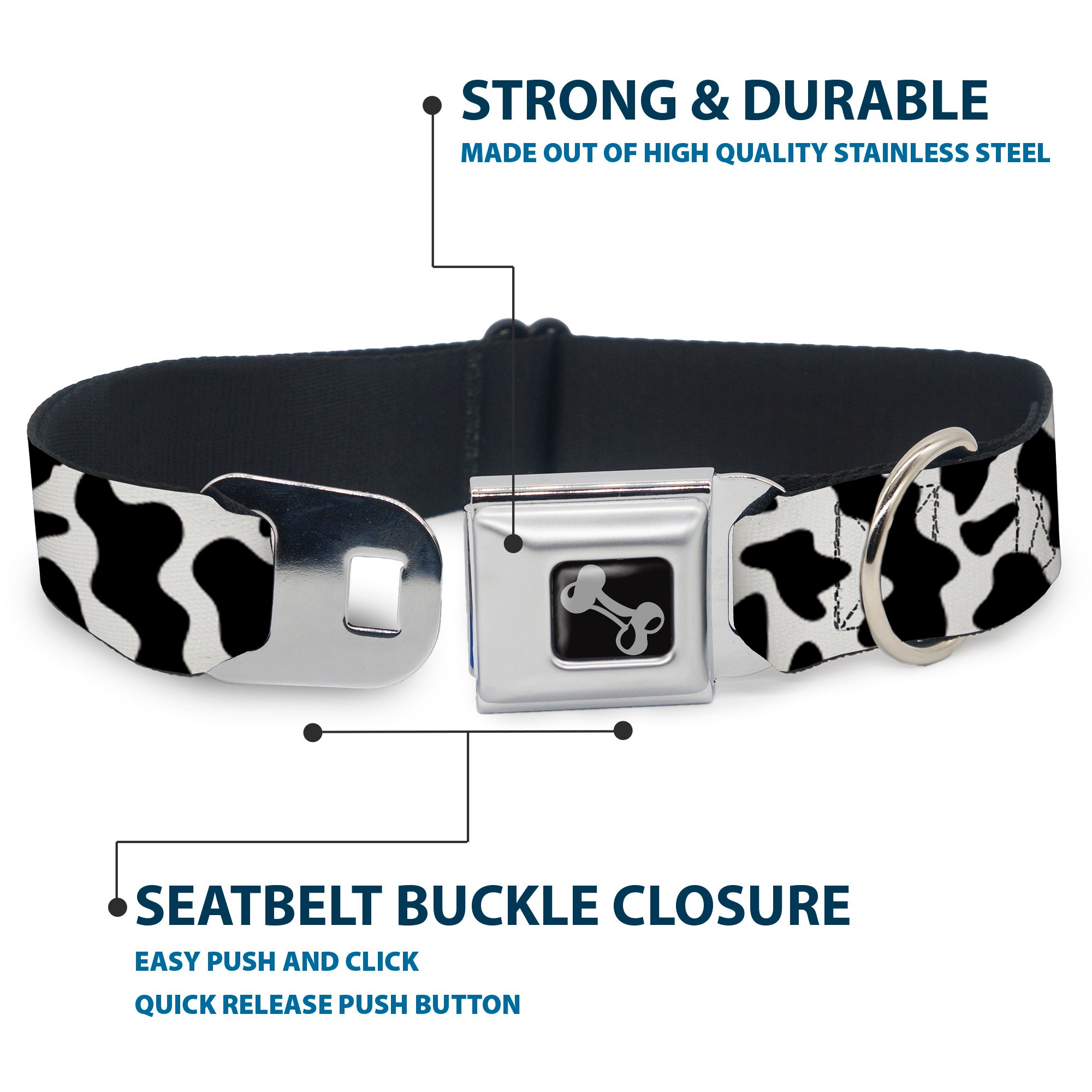 Dog Bone Black/Silver Seatbelt Buckle Collar - Cow Pattern Print White/Black Seatbelt Buckle Collars Buckle-Down