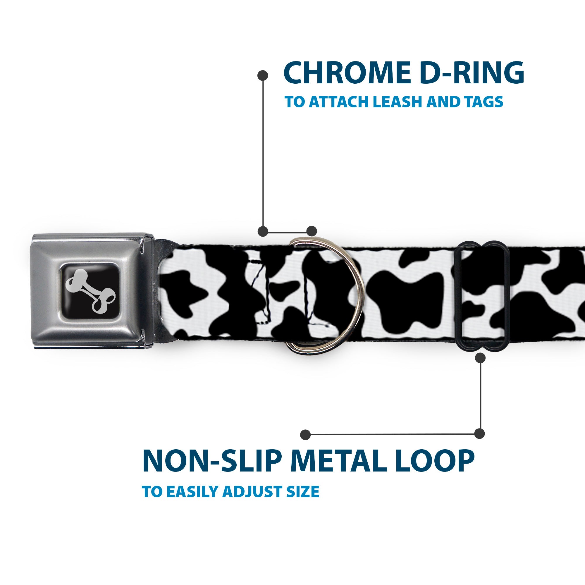 Dog Bone Black/Silver Seatbelt Buckle Collar - Cow Pattern Print White/Black Seatbelt Buckle Collars Buckle-Down