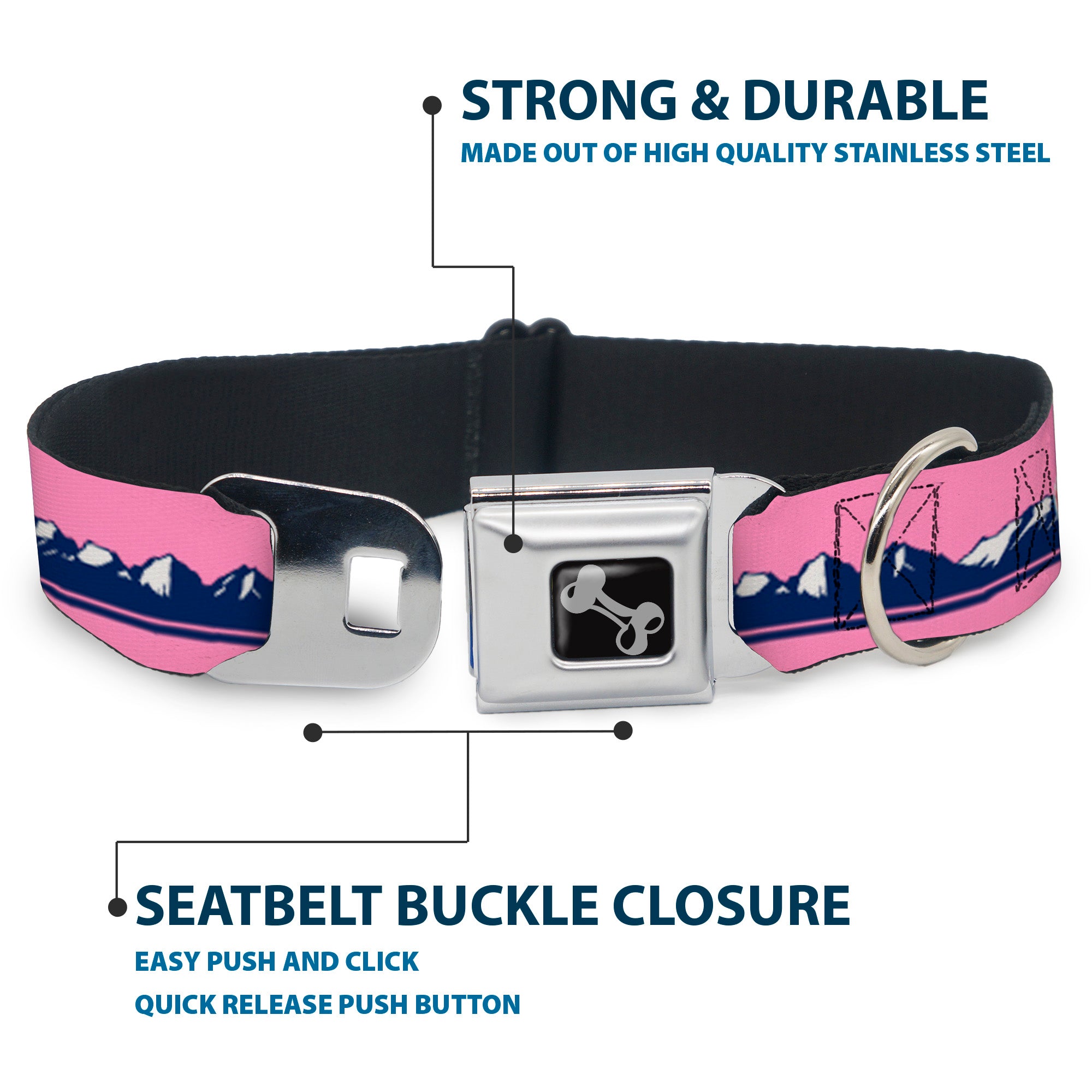 Dog Bone Black/Silver Seatbelt Buckle Collar - Colorado Flag Icon Mountain Skyline Pink/Blue/White Seatbelt Buckle Collars Buckle-Down