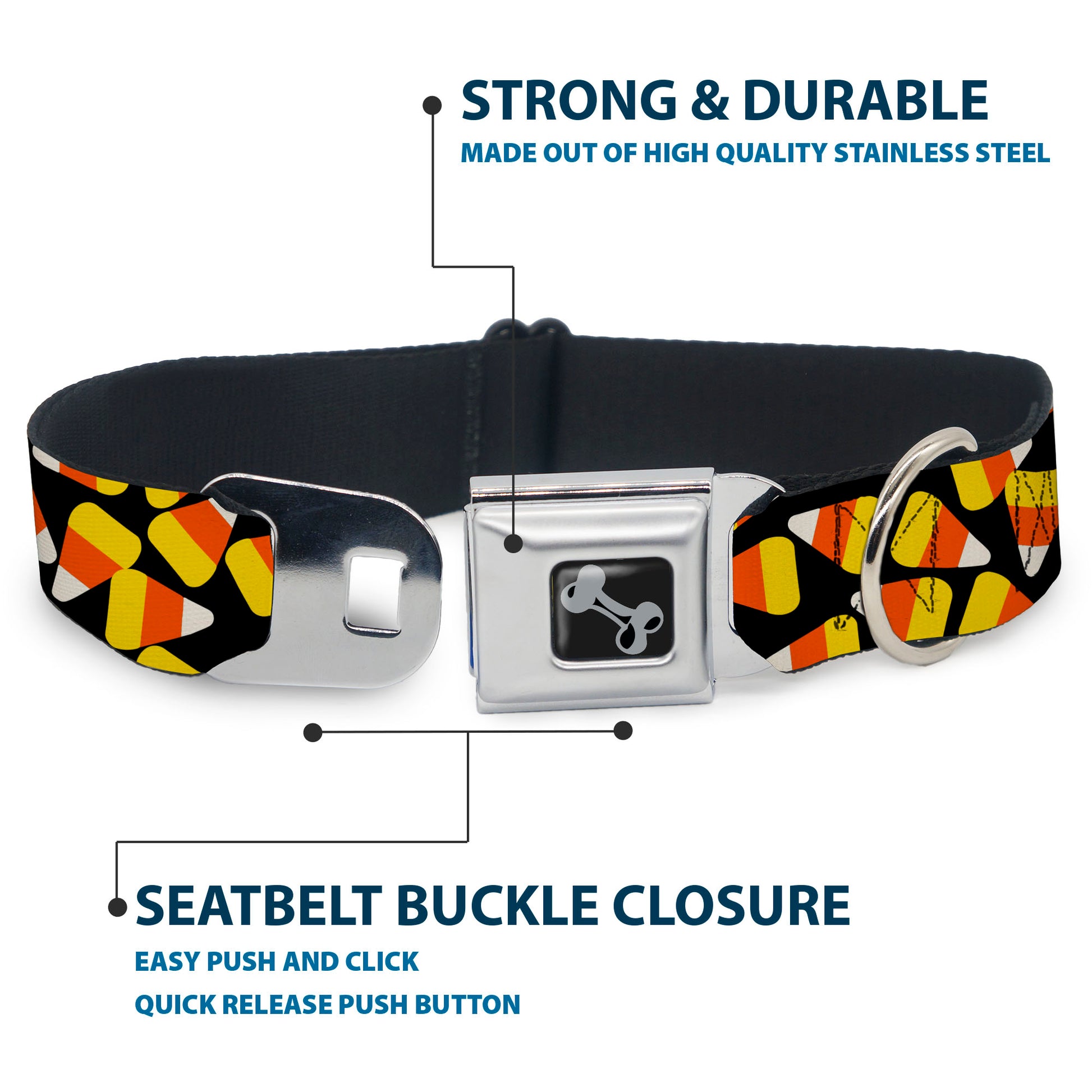 Dog Bone Black/Silver Seatbelt Buckle Collar - Candy Corn Scattered Black/Yellow/Orange/White Seatbelt Buckle Collars Buckle-Down