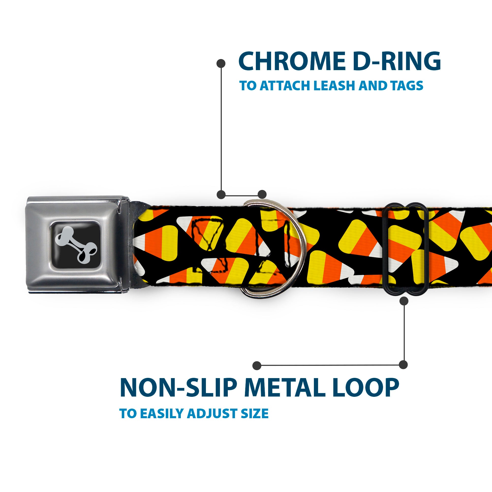 Dog Bone Black/Silver Seatbelt Buckle Collar - Candy Corn Scattered Black/Yellow/Orange/White Seatbelt Buckle Collars Buckle-Down