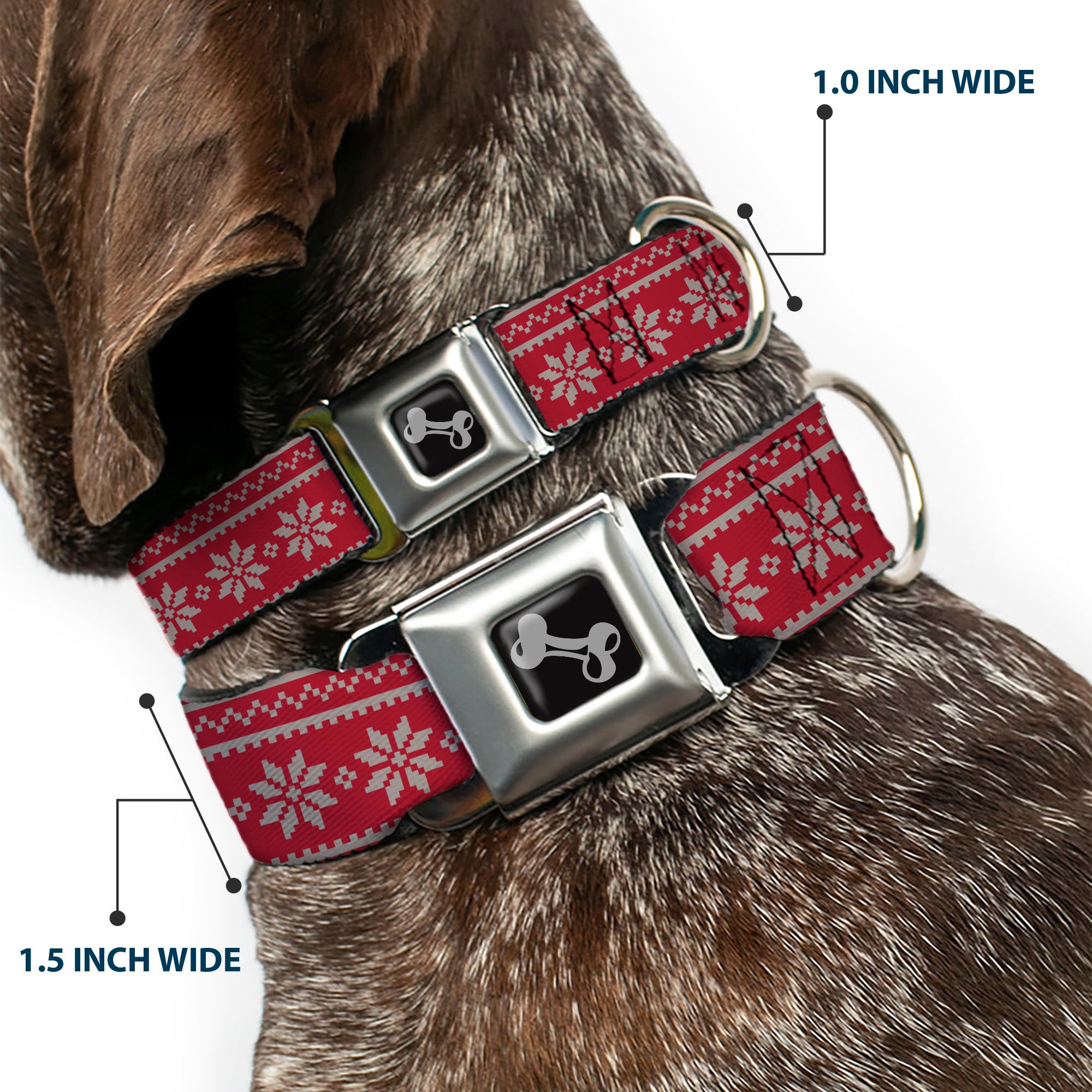 Dog Bone Black/Silver Seatbelt Buckle Collar - Christmas Holiday Fair Isle Stitch Pattern Red/White Seatbelt Buckle Collars Buckle-Down