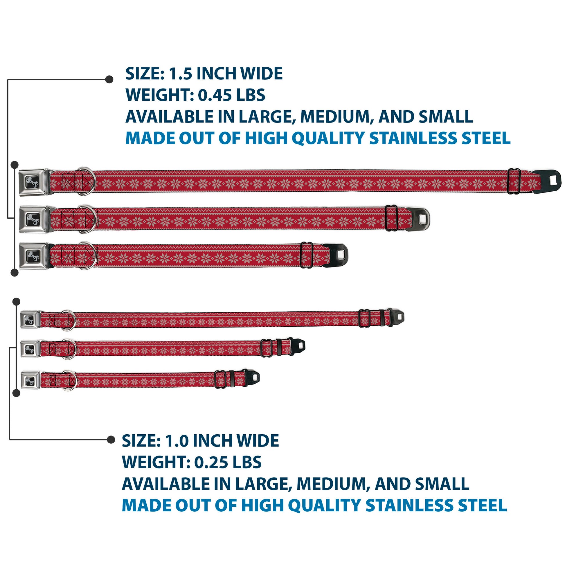 Dog Bone Black/Silver Seatbelt Buckle Collar - Christmas Holiday Fair Isle Stitch Pattern Red/White Seatbelt Buckle Collars Buckle-Down