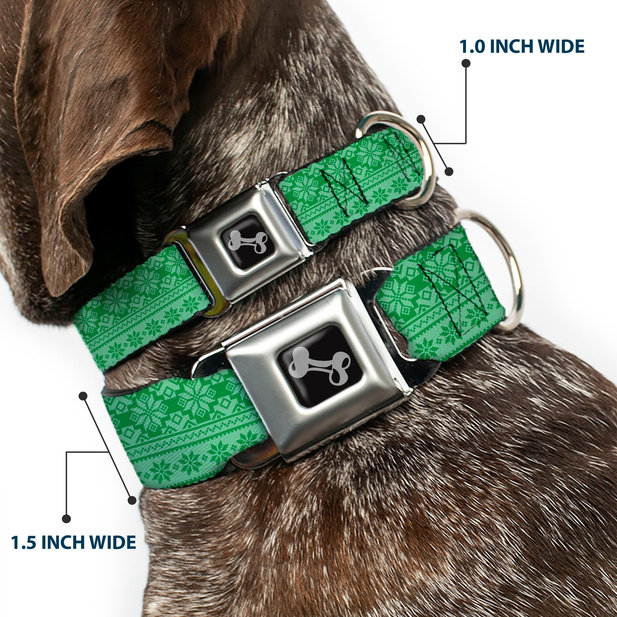 Dog Bone Black/Silver Seatbelt Buckle Collar - Christmas Holiday Fair Isle Stitch Pattern Greens Seatbelt Buckle Collars Buckle-Down