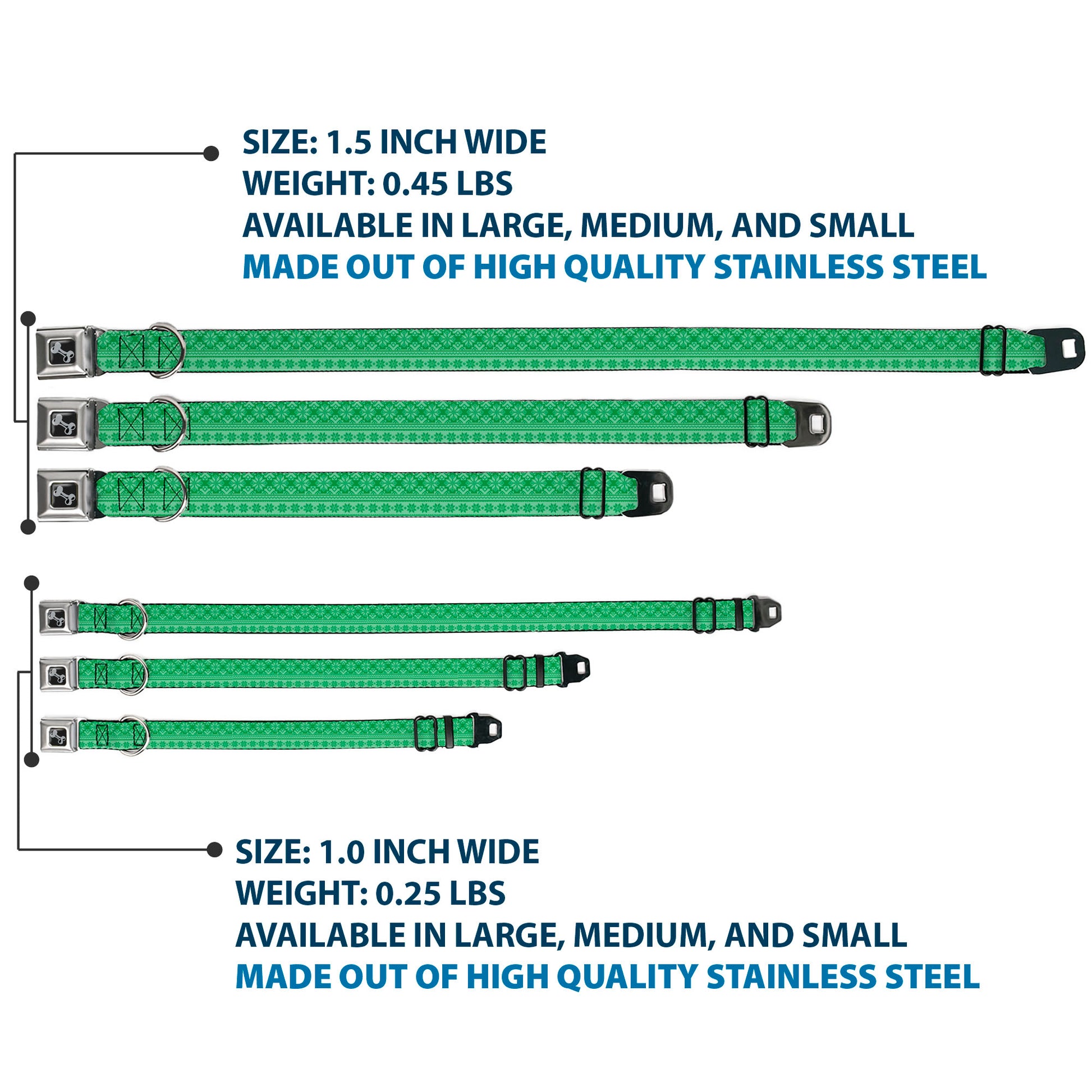 Dog Bone Black/Silver Seatbelt Buckle Collar - Christmas Holiday Fair Isle Stitch Pattern Greens Seatbelt Buckle Collars Buckle-Down