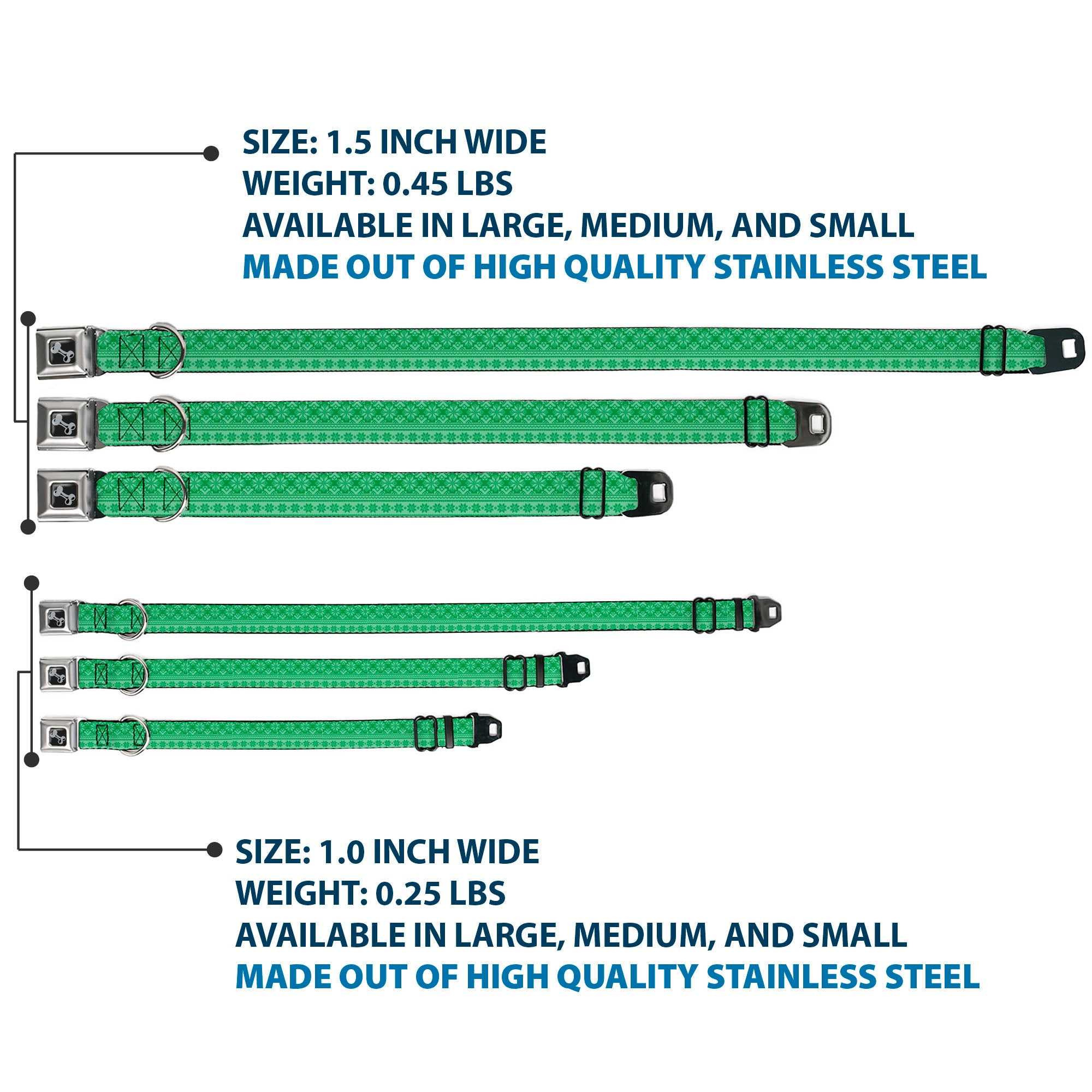 Dog Bone Black/Silver Seatbelt Buckle Collar - Christmas Holiday Fair Isle Stitch Pattern Greens Seatbelt Buckle Collars Buckle-Down