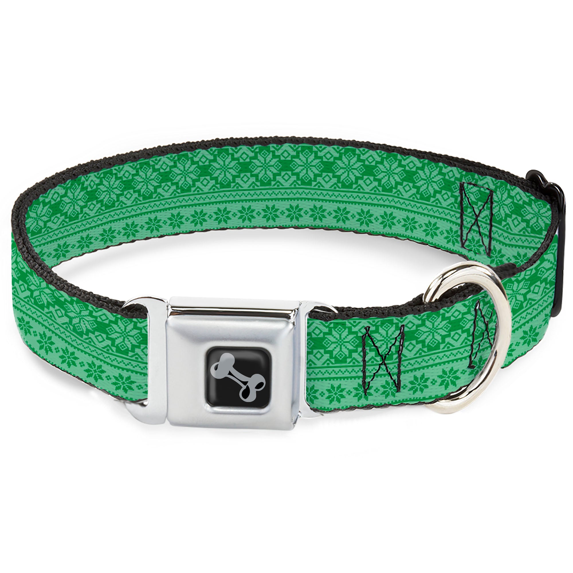 Dog Bone Black/Silver Seatbelt Buckle Collar - Christmas Holiday Fair Isle Stitch Pattern Greens Seatbelt Buckle Collars Buckle-Down