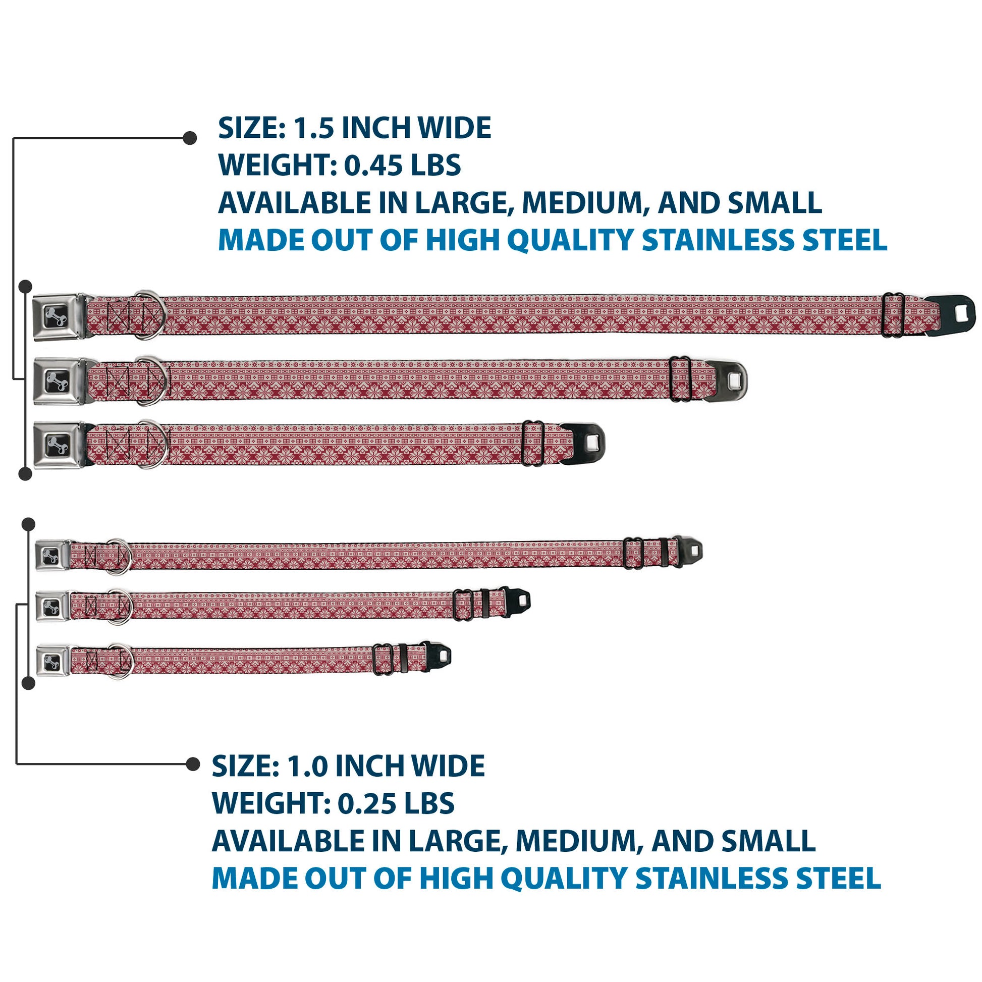 Dog Bone Black/Silver Seatbelt Buckle Collar - Christmas Holiday Fair Isle Stitch Pattern White/Red Seatbelt Buckle Collars Buckle-Down