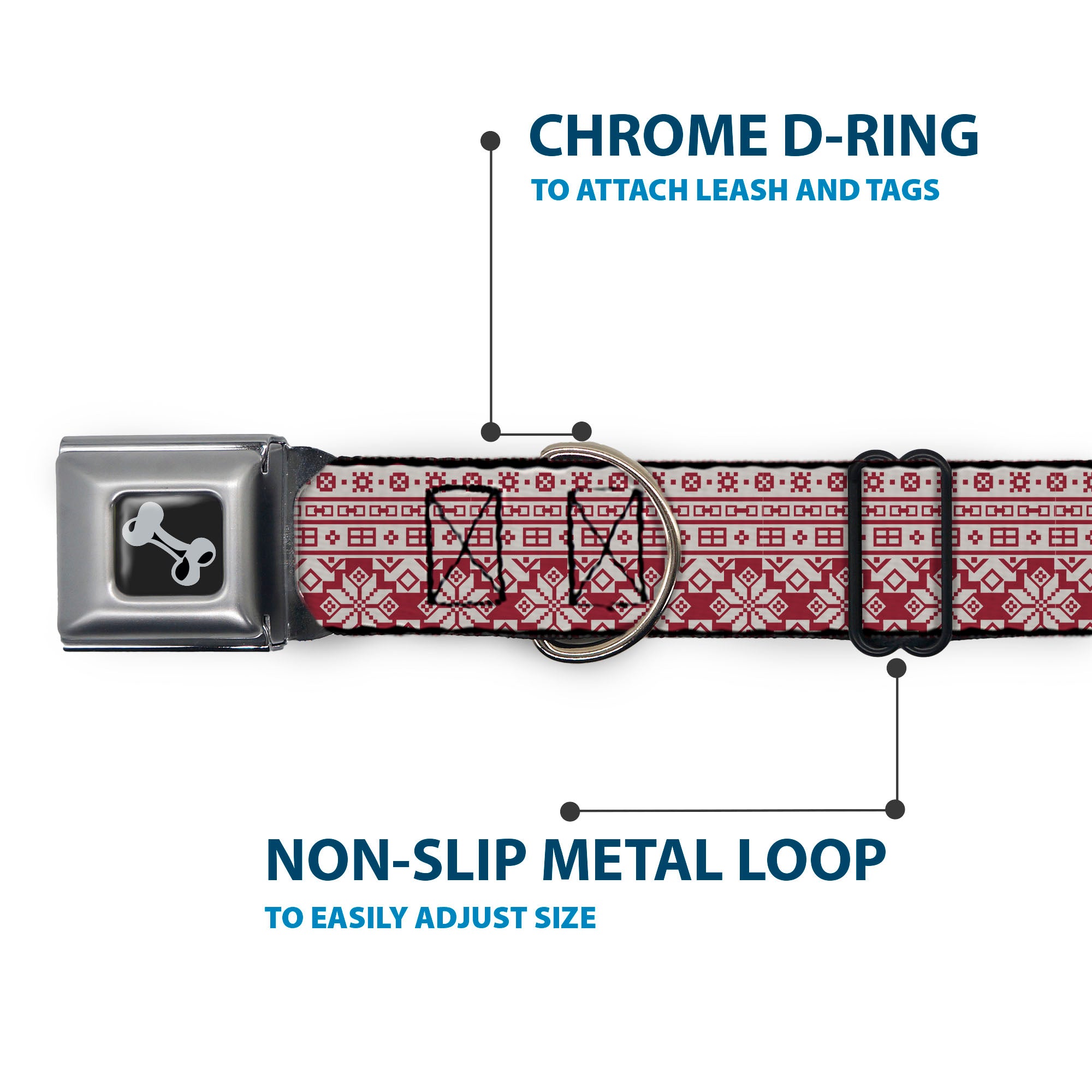 Dog Bone Black/Silver Seatbelt Buckle Collar - Christmas Holiday Fair Isle Stitch Pattern White/Red Seatbelt Buckle Collars Buckle-Down