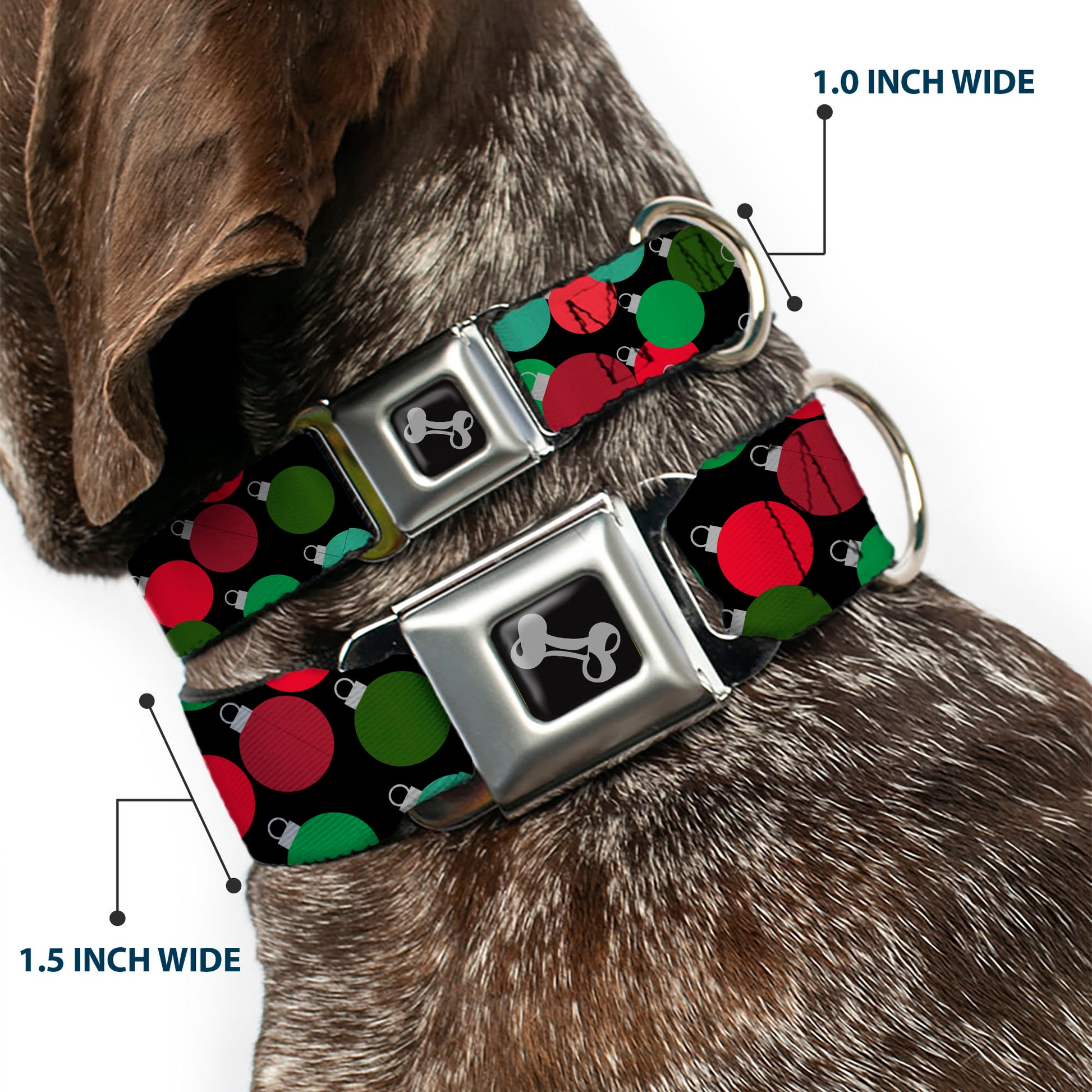 Dog Bone Black/Silver Seatbelt Buckle Collar - Christmas Holiday Globe Ball Ornaments Stacked Black/Reds/Greens Seatbelt Buckle Collars Buckle-Down