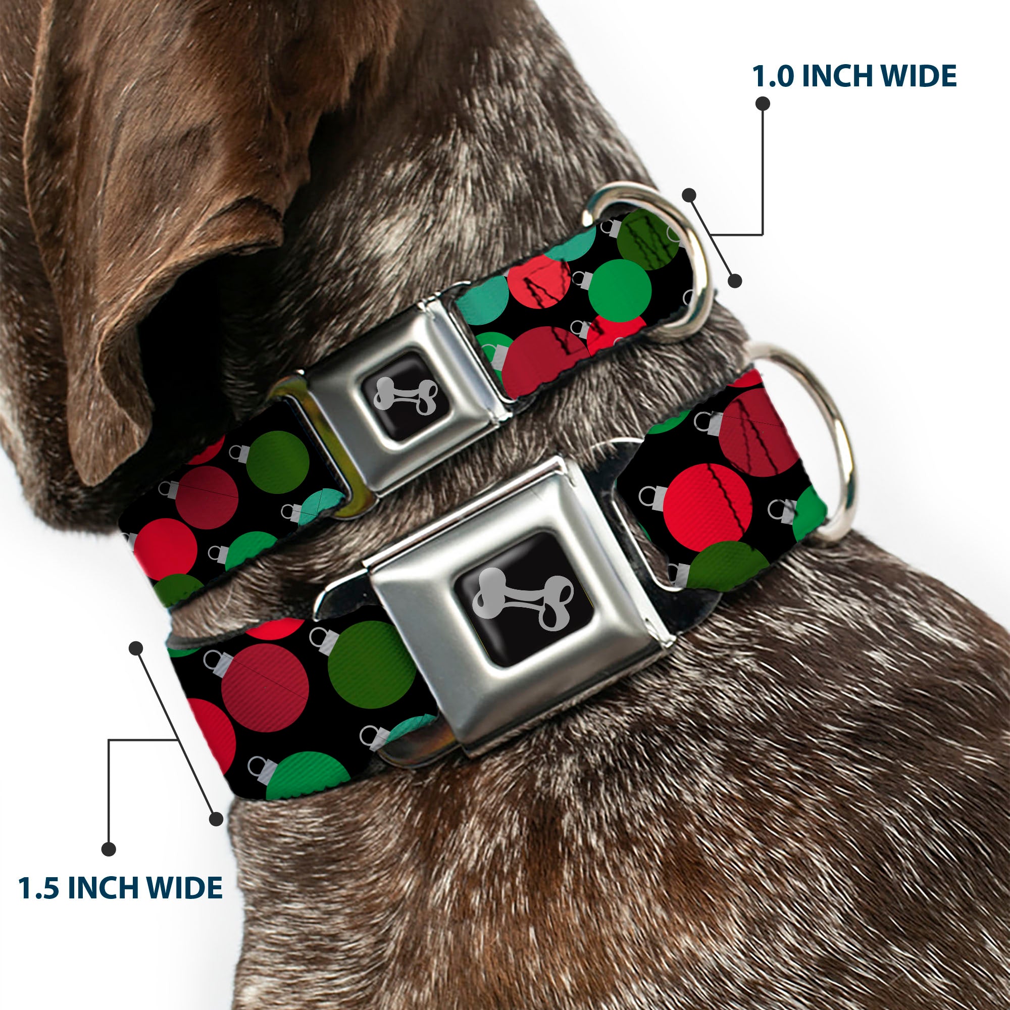 Dog Bone Black/Silver Seatbelt Buckle Collar - Christmas Holiday Globe Ball Ornaments Stacked Black/Reds/Greens Seatbelt Buckle Collars Buckle-Down
