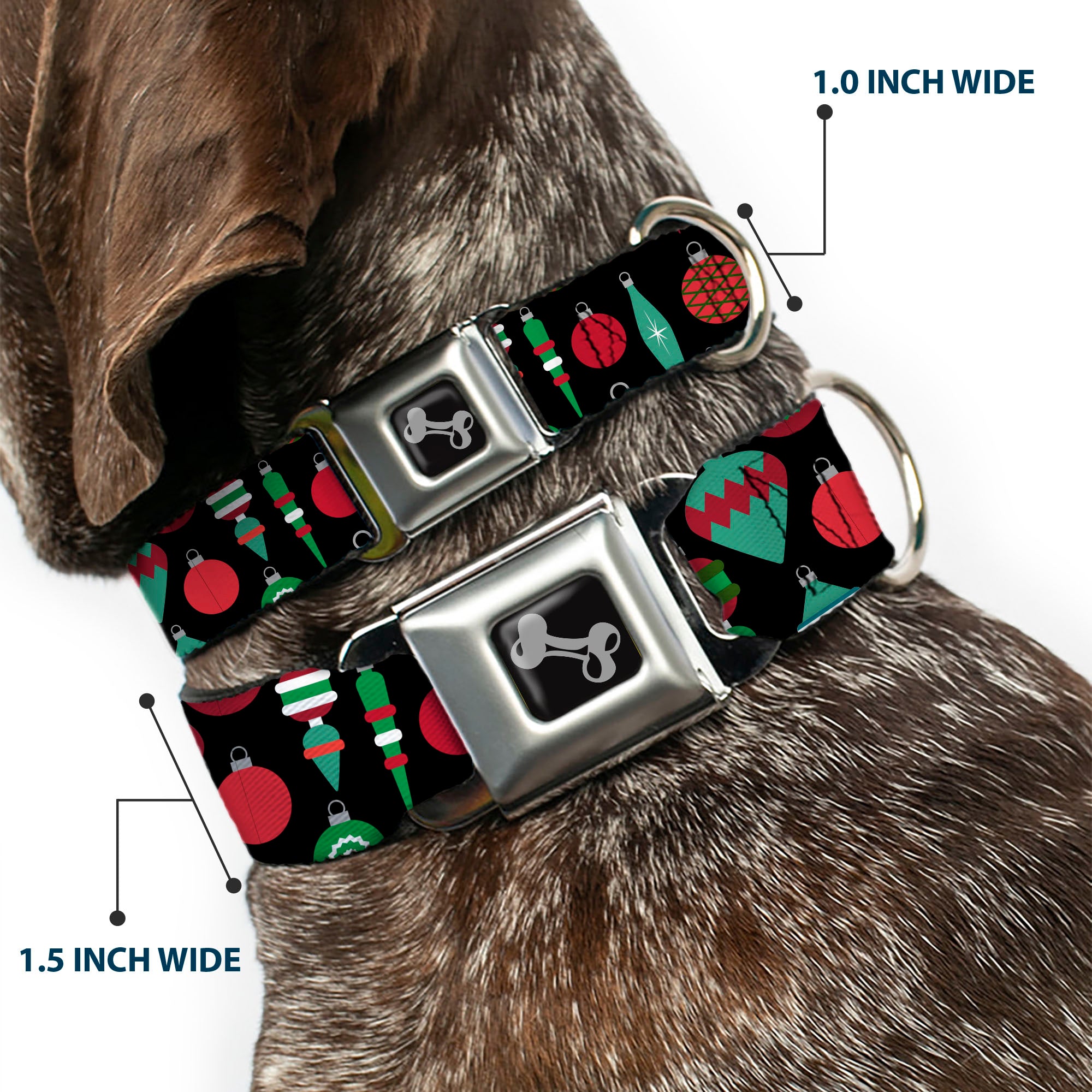 Dog Bone Black/Silver Seatbelt Buckle Collar - Christmas Holiday Finial Bauble Ornaments Black/Reds/Greens Seatbelt Buckle Collars Buckle-Down