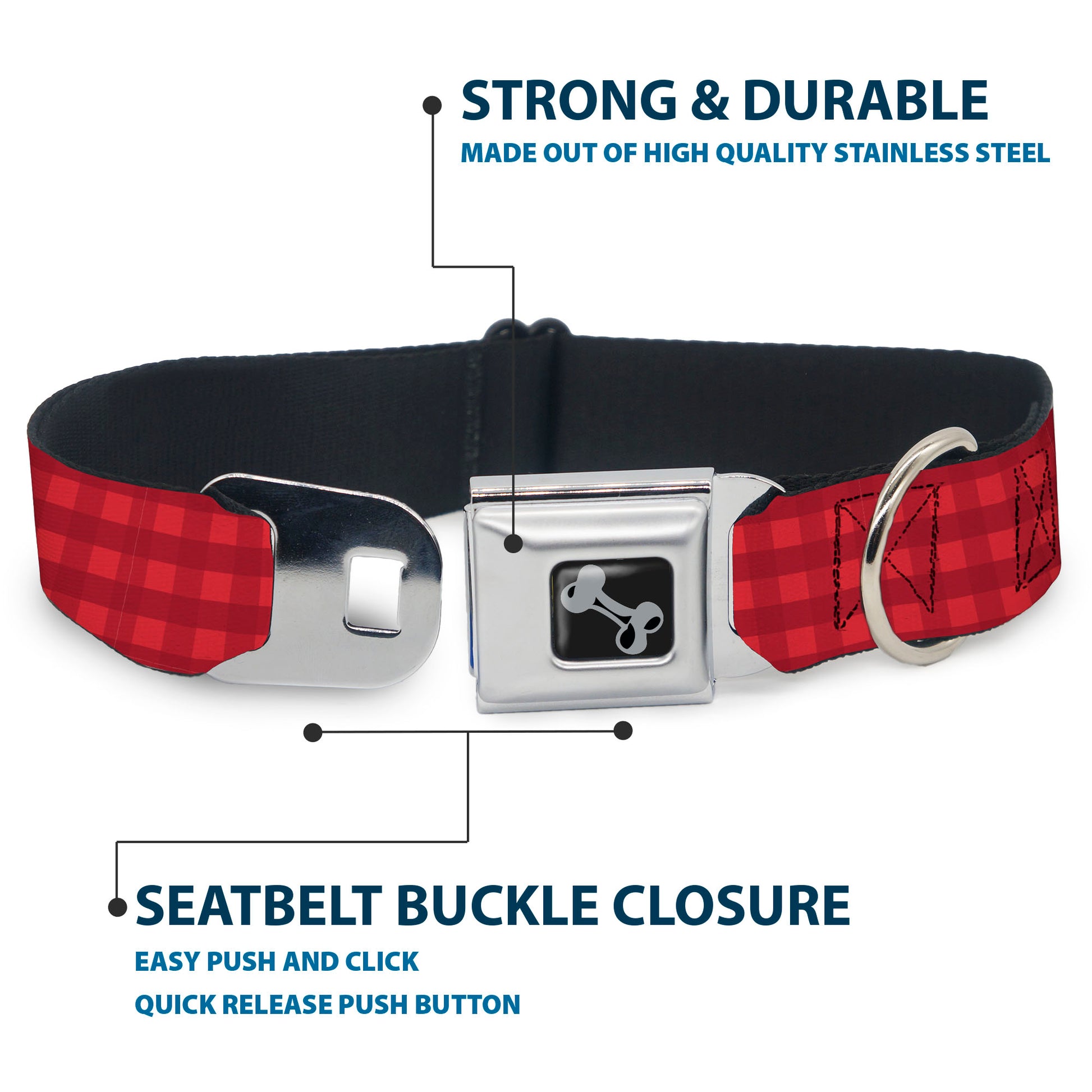 Dog Bone Black/Silver Seatbelt Buckle Collar - Christmas Pajama Plaid Reds Seatbelt Buckle Collars Buckle-Down