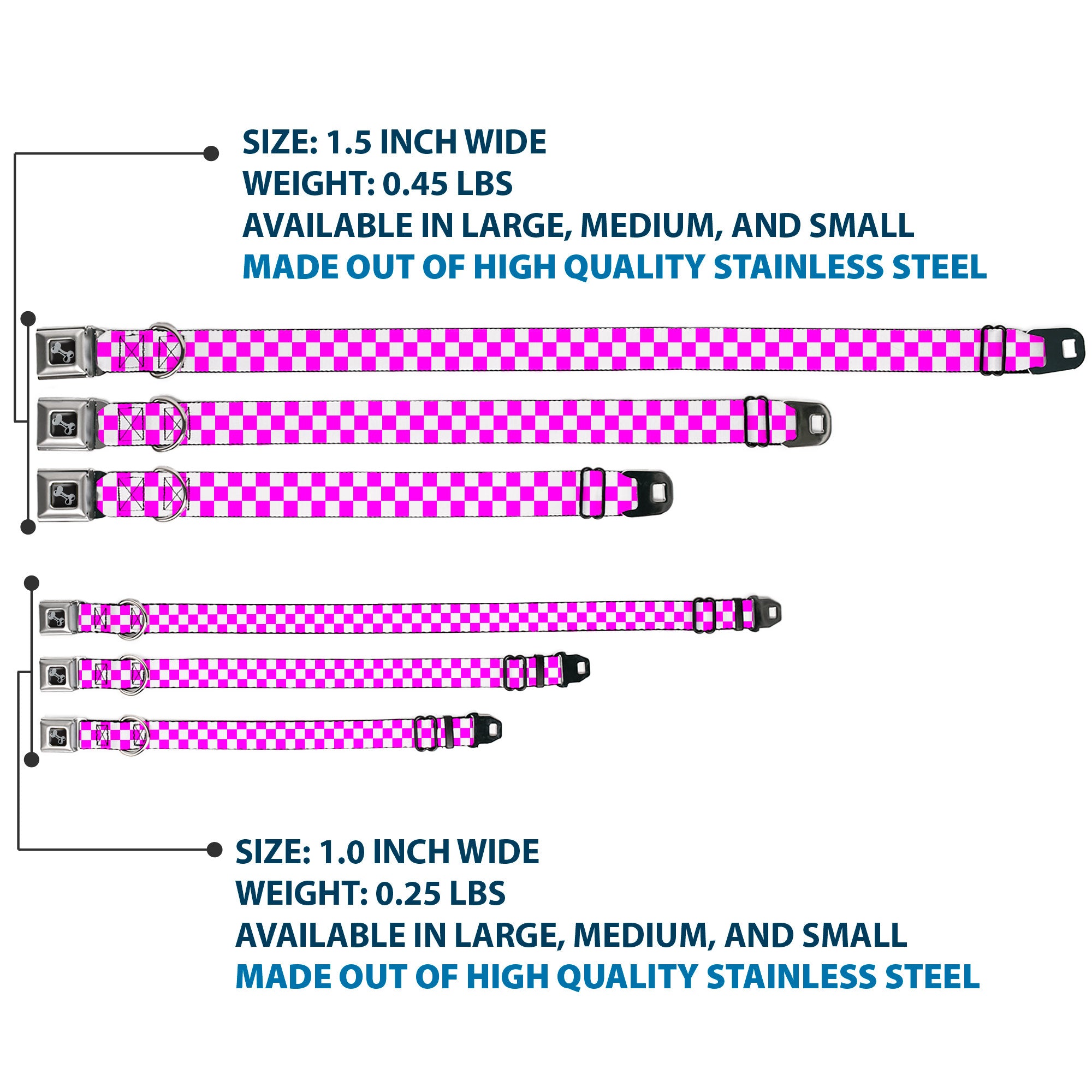 Dog Bone Black/Silver Seatbelt Buckle Collar - Checker Fuchsia Pink/White Seatbelt Buckle Collars Buckle-Down