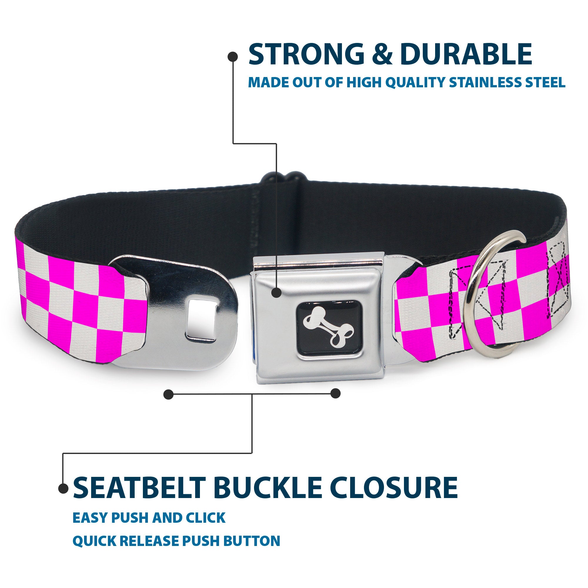 Dog Bone Black/Silver Seatbelt Buckle Collar - Checker Fuchsia Pink/White Seatbelt Buckle Collars Buckle-Down